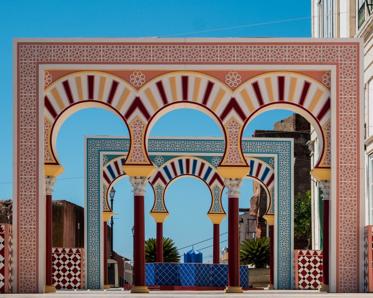 The brightly colored arches and columns in Moorish style at the Loulé Market in the Algarve.