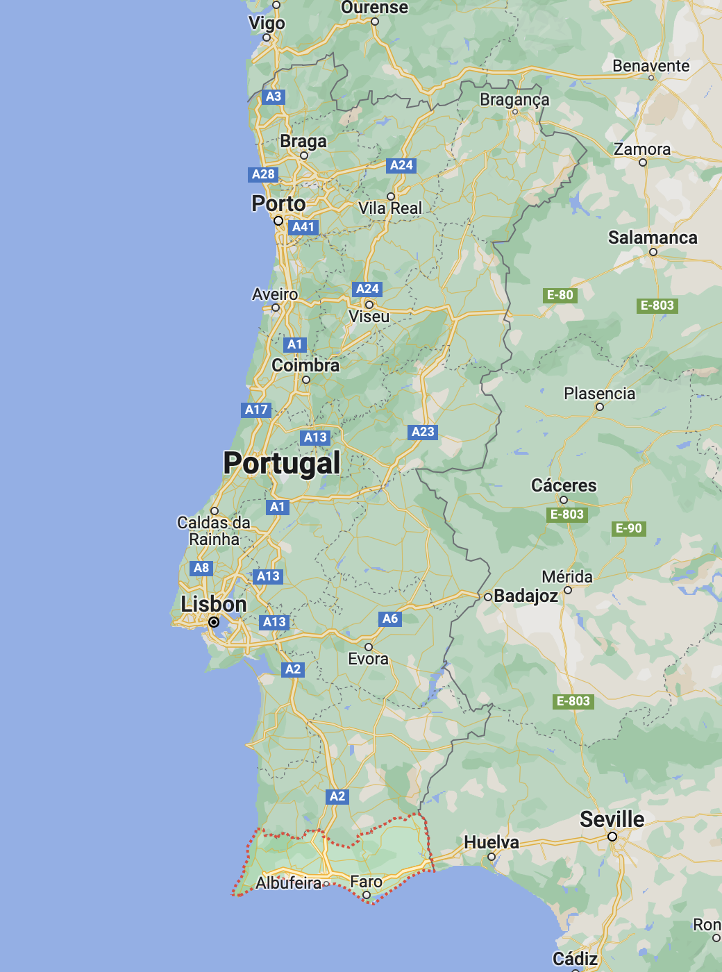 A map of Portugal showing the Algarve region's boundaries highlighted in red.