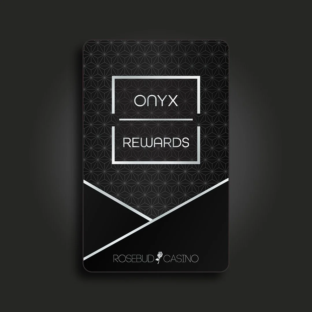 Black loyalty rewards card with geometric pattern, white border, and text reading 'Onyx Rewards' and 'Rosebud Casino'