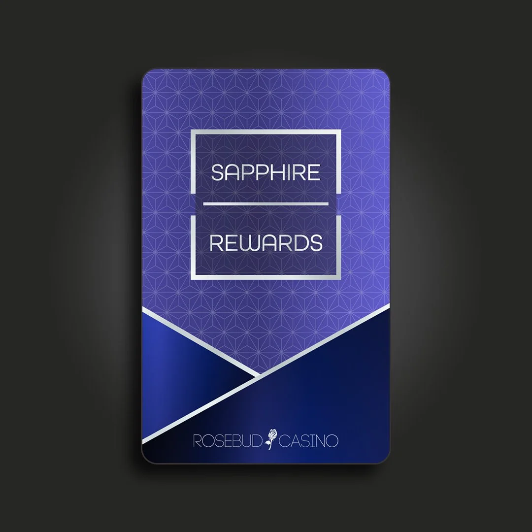 A loyalty rewards card for Sapphire Rewards at Rosebud Casino, featuring a purple geometric background and modern white text.