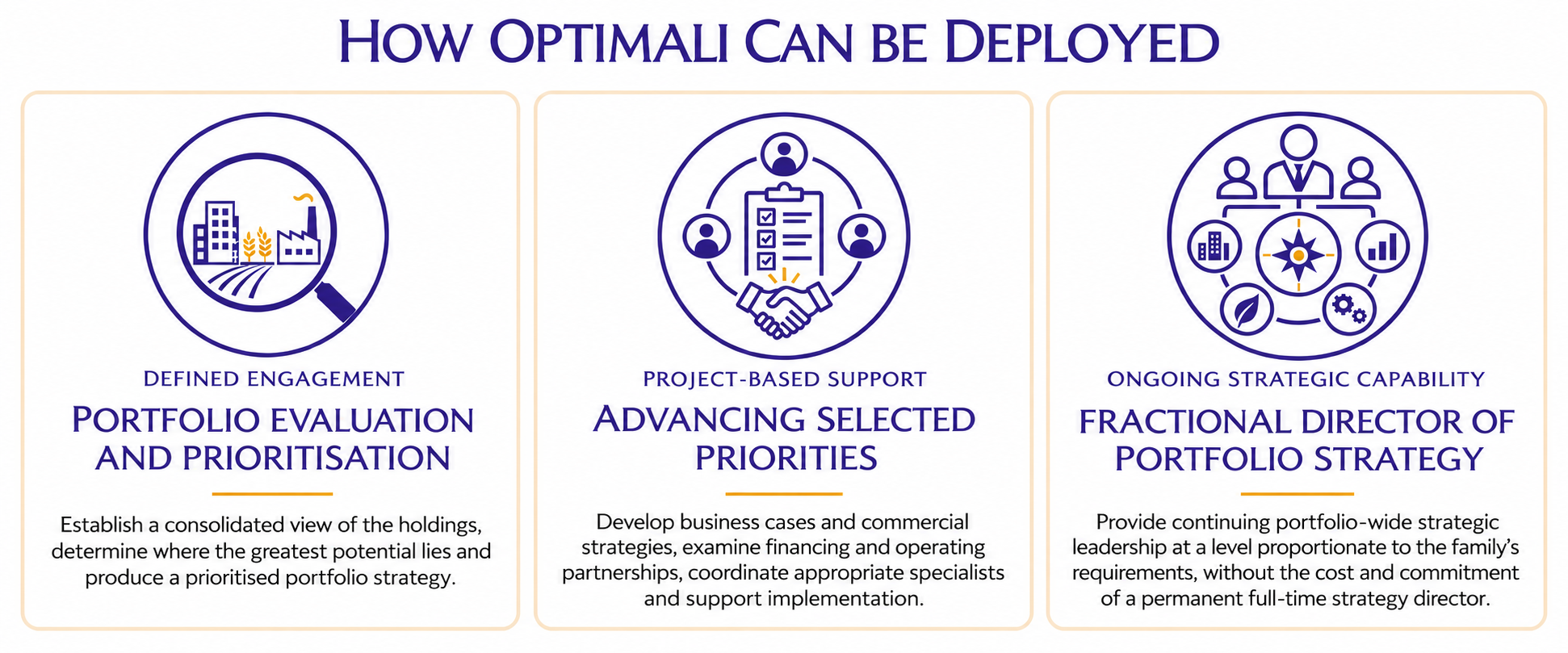 Optimali can be deployed through portfolio evaluation, project-based implementation support or an ongoing fractional Director of Portfolio Strategy role.