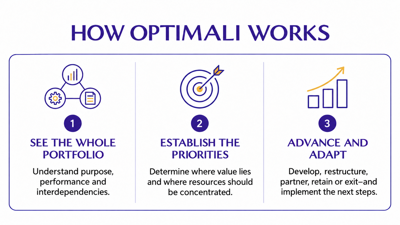 How Optimali works: see the whole portfolio, establish the priorities, then advance and adapt.