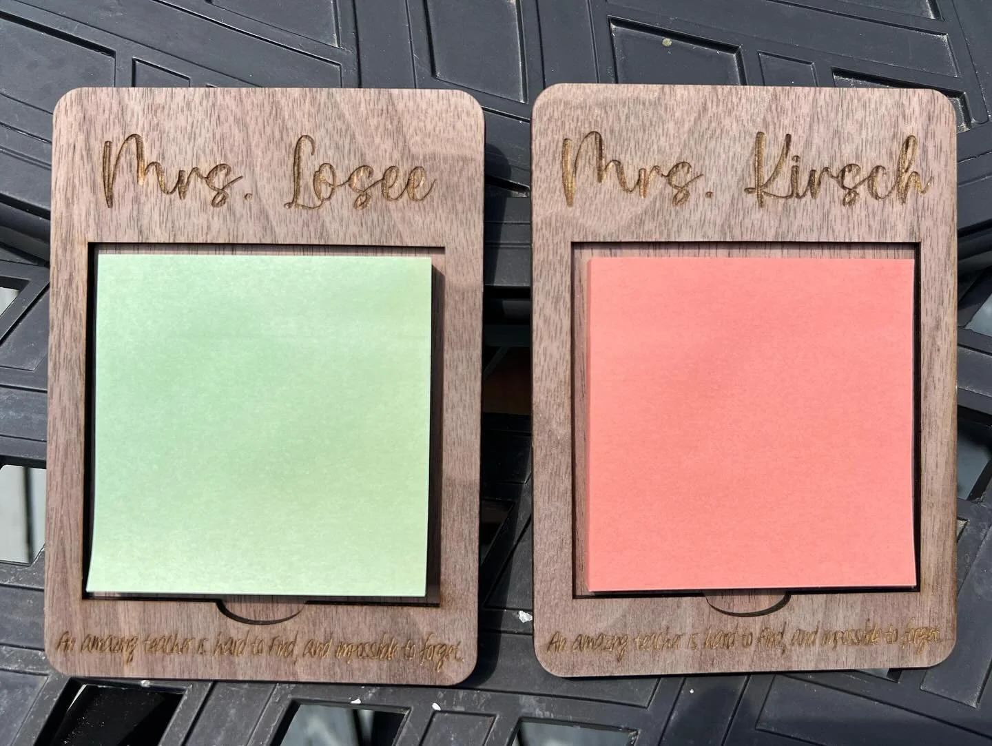 &ldquo;An amazing teacher is hard to find, and impossible to forget&rdquo; 

Fun little end of year teacher gifts! 

#custommade #laser #lasercut #teachergifts #walnut #postit