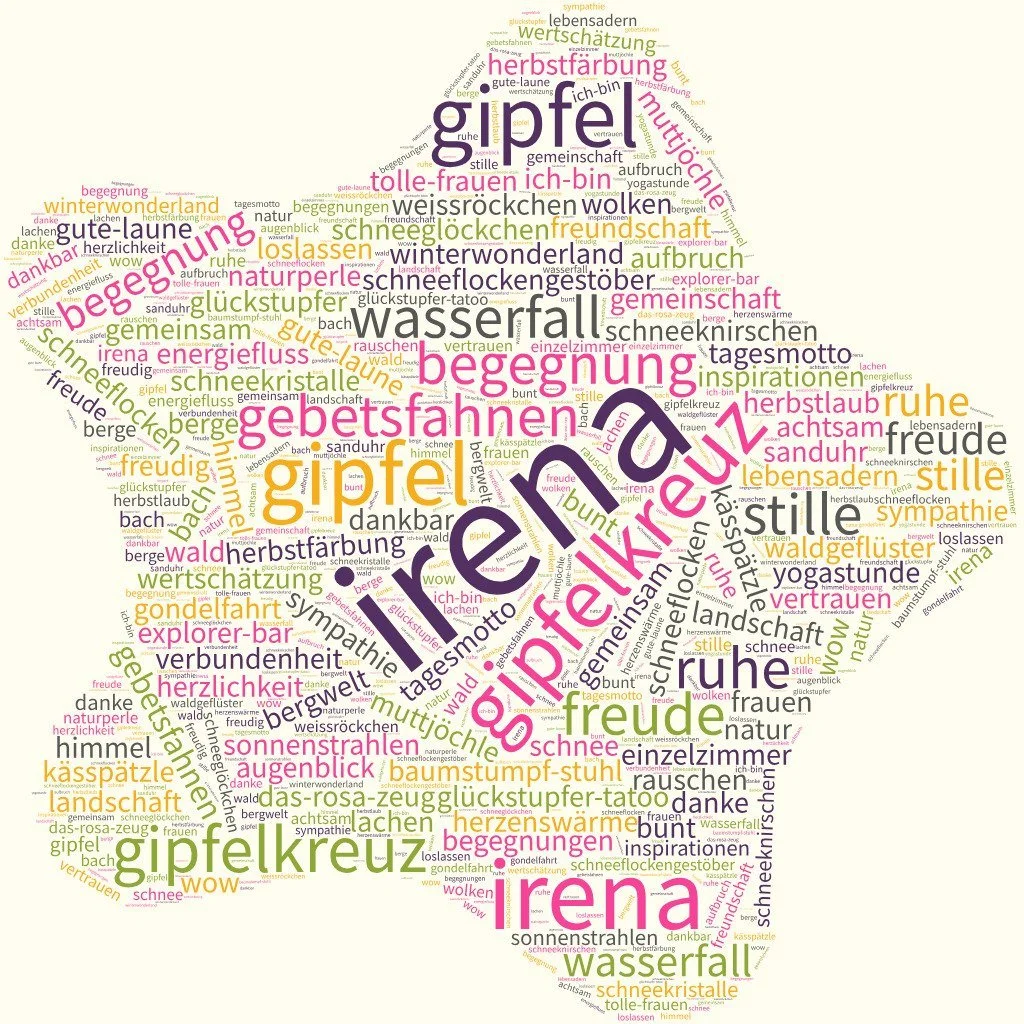 Wortwolke = Wortstern ⭐️️ passend zur Vorweihnachtszeit

In diesem Wortstern sind alle gl&uuml;ckstupfer vereint, die wir bei der gl&uuml;ckstupfer-Auszeit "Herbstgefl&uuml;ster" gesammelt haben. Was war das f&uuml;r eine wunderbare Reise! 
