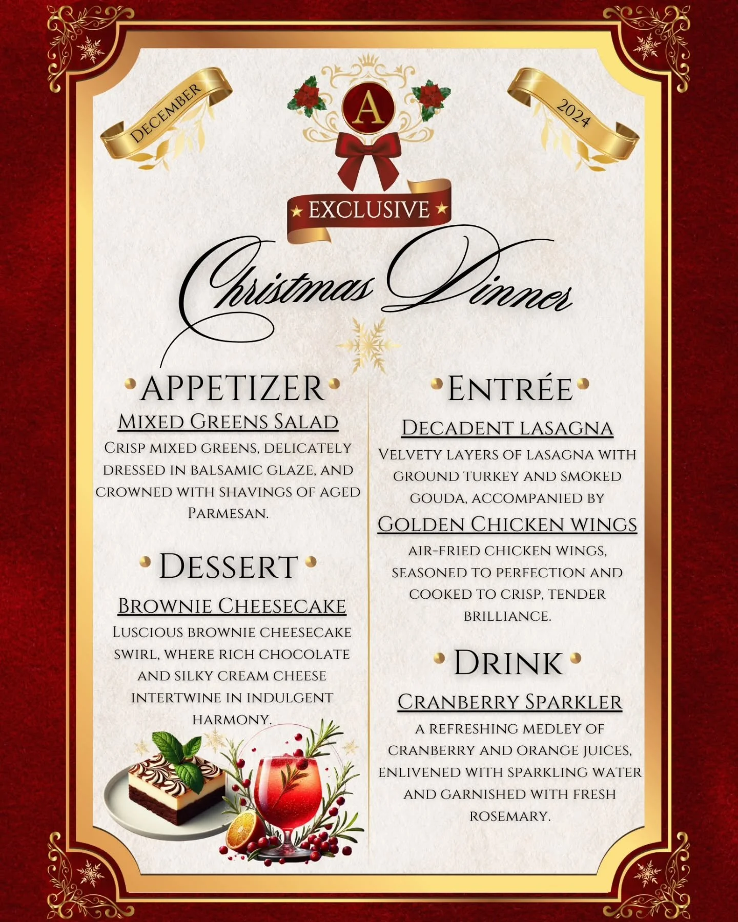 🎄✨ Exclusive Christmas Dinner Menu! ✨🎄
This year, I&rsquo;m treating myself to a luxurious solo Christmas dinner that&rsquo;s both mouthwatering and stylish! Featuring crisp mixed greens, velvety lasagna, golden air-fried chicken wings, a decadent 