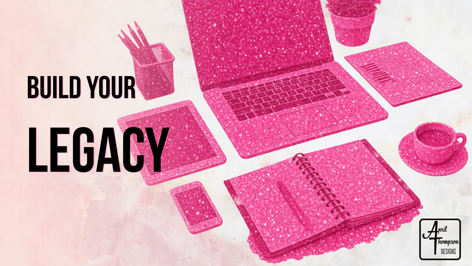 Pink entrepreneurial workspace featuring a laptop, tablet, notebook, smartphone, coffee cup, and planner with the message "Build Your Legacy" representing entrepreneurship and business growth.