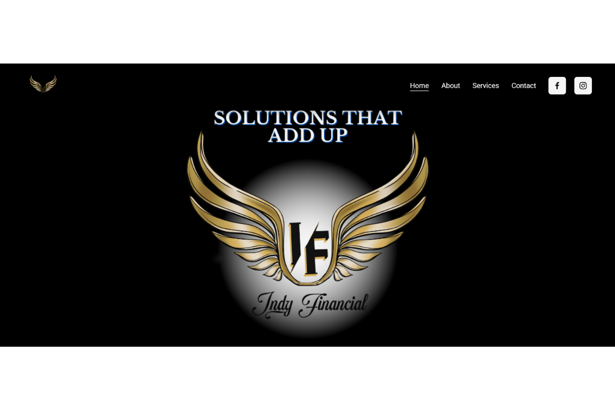 Logo with gold wings, initials IF, and the text Indiana Financial on a black background, with navigation links to Home, About, Services, Contact, and social media icons for Facebook and Instagram.
