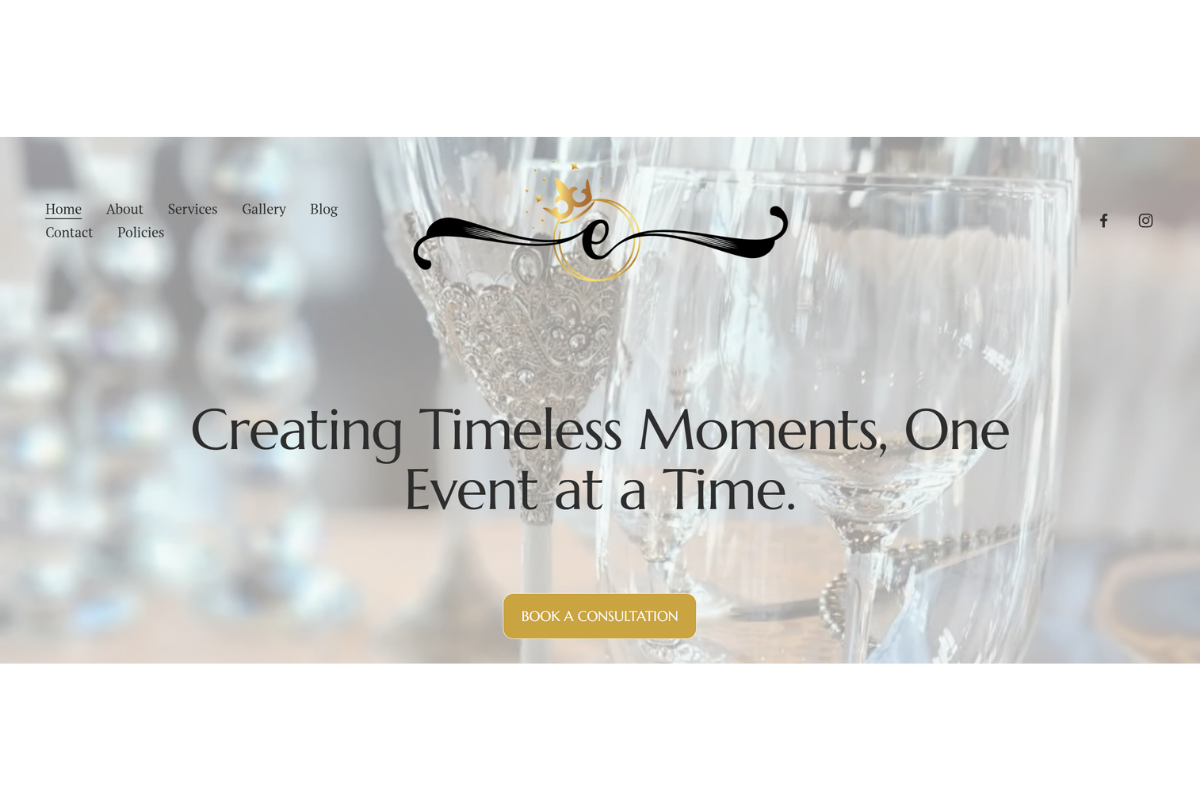 Website homepage with elegant glassware and a logo, featuring text about creating timeless moments and a button to book a consultation.