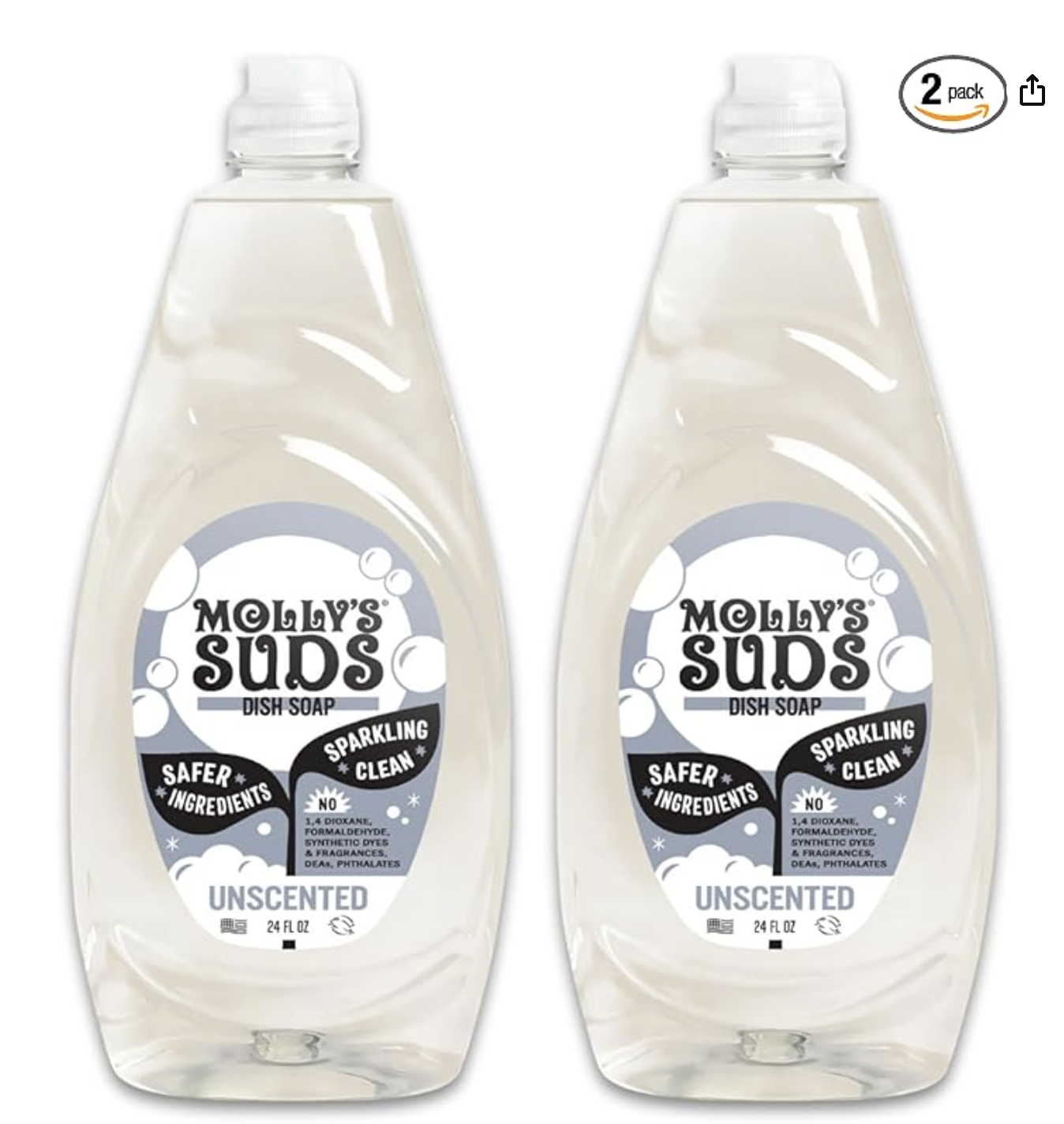 Molly's Suds Liquid Dish Soap | Clean, Simple Ingredients | Extra Scrubbing Power | Unscented, 24 oz - 2 Pack