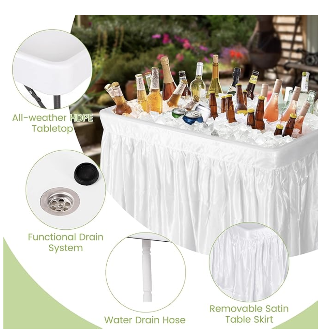 4 FT Folding Ice Cooler Table with Drain & Bucket, Removable Skirt