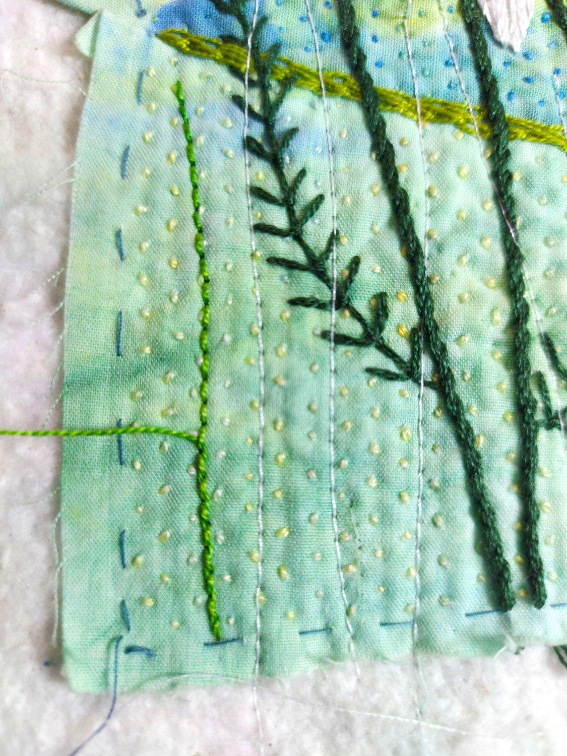 Embroidery on a green fabric background depicting various embroidered leaves and stems in different shades of green, with decorative stitching and small dots.