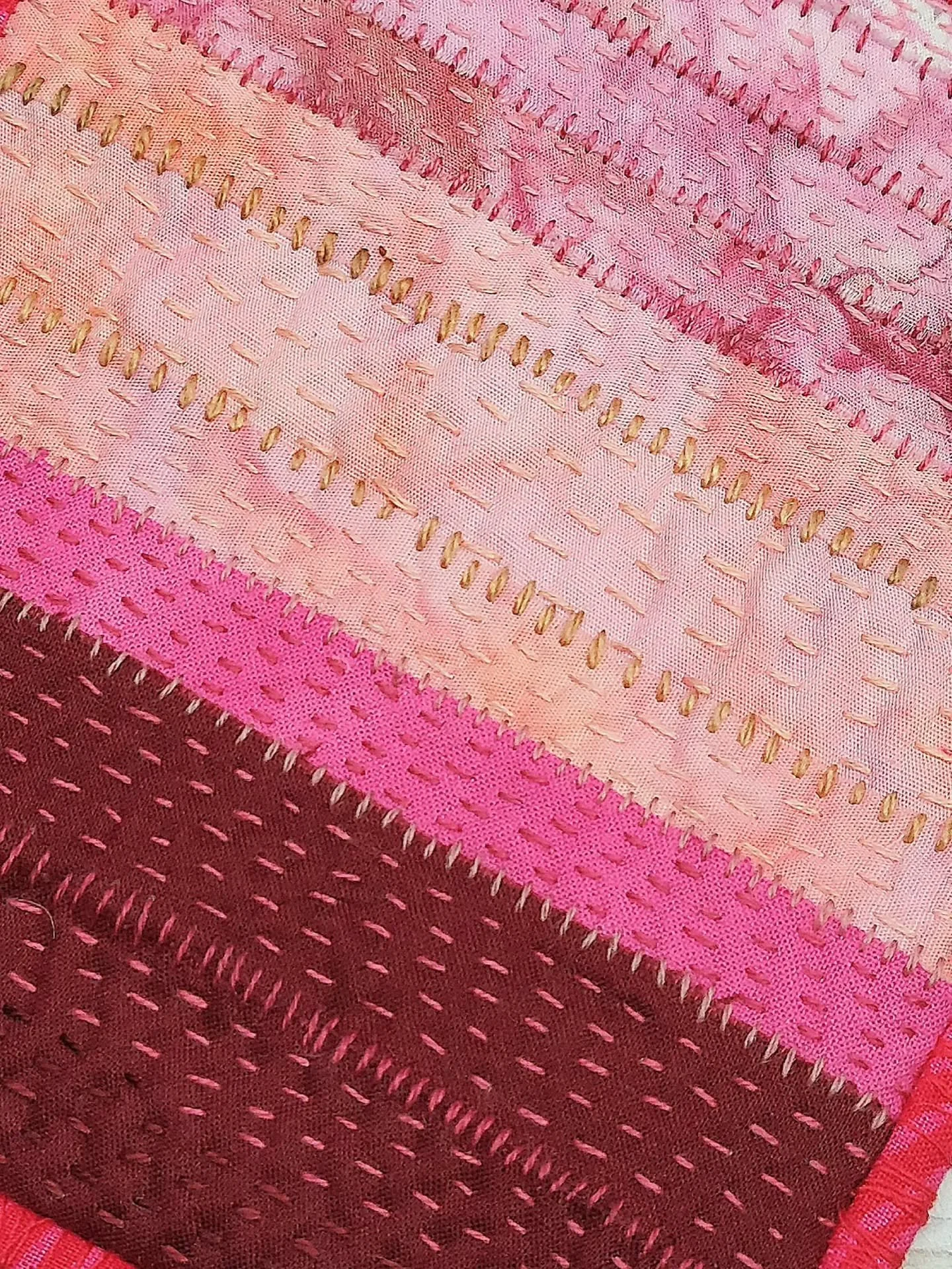 Pink progress. Pushing on with these scrappy bits and pieces. 💗
.
.
.
#mindfulstitching #scrapbusting #scrapbustingminiquilts #fabricpaintstitch #textileartist #fabricart #enjoytheprocess