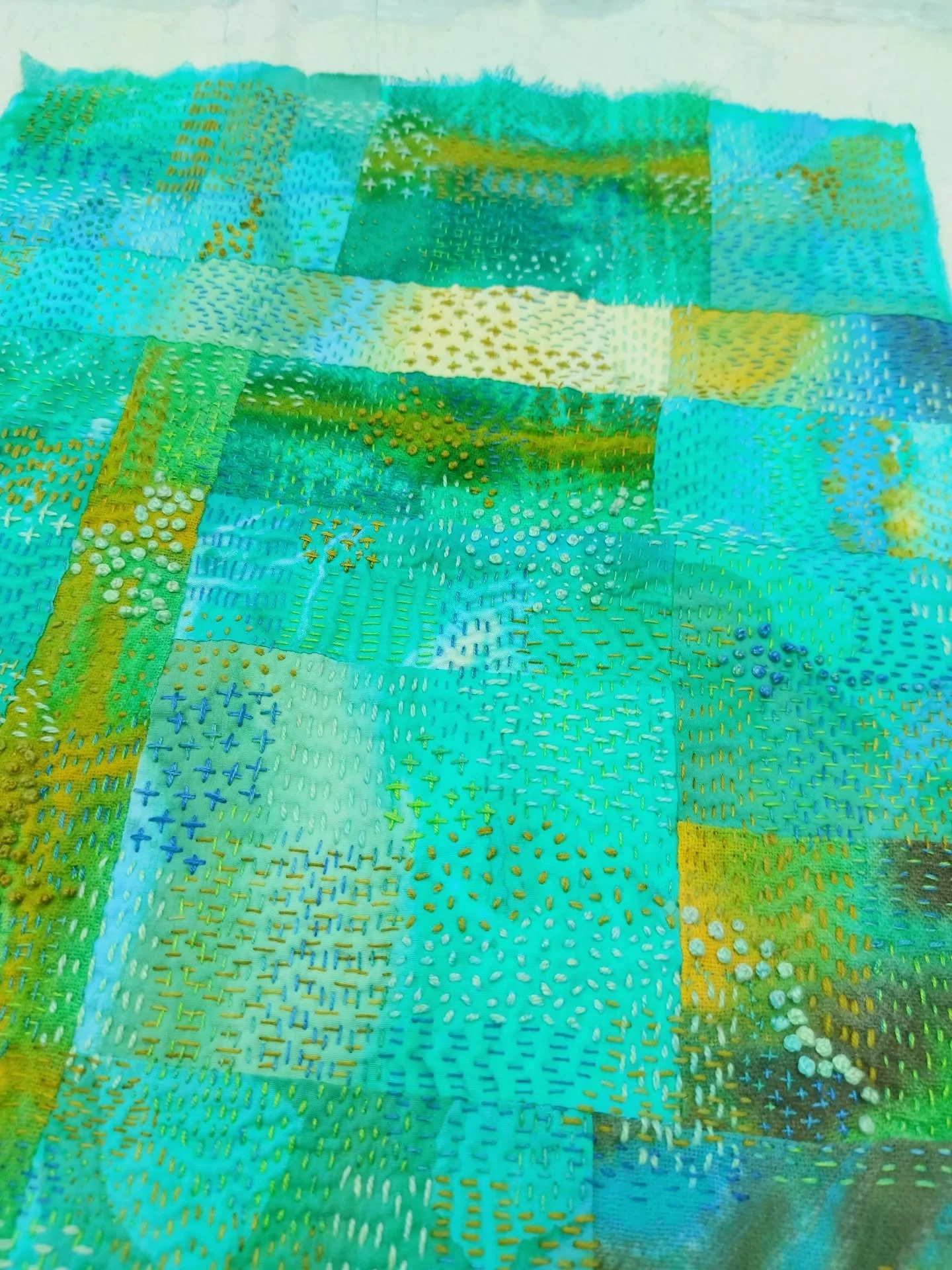 Almost finished this layer of stitch. I'm pondering on the steps.
.
.
.
#textileart #slowstitching #artquilting #enjoytheprocess #embroidery