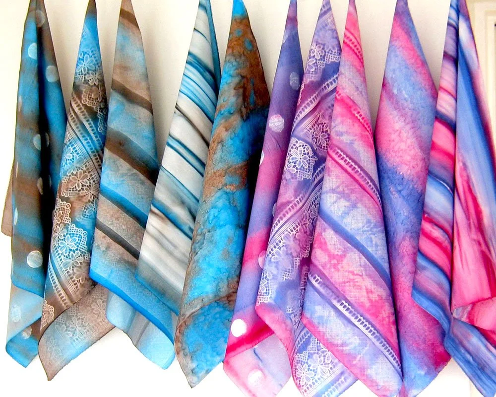 pink and blue hand painted fabric display