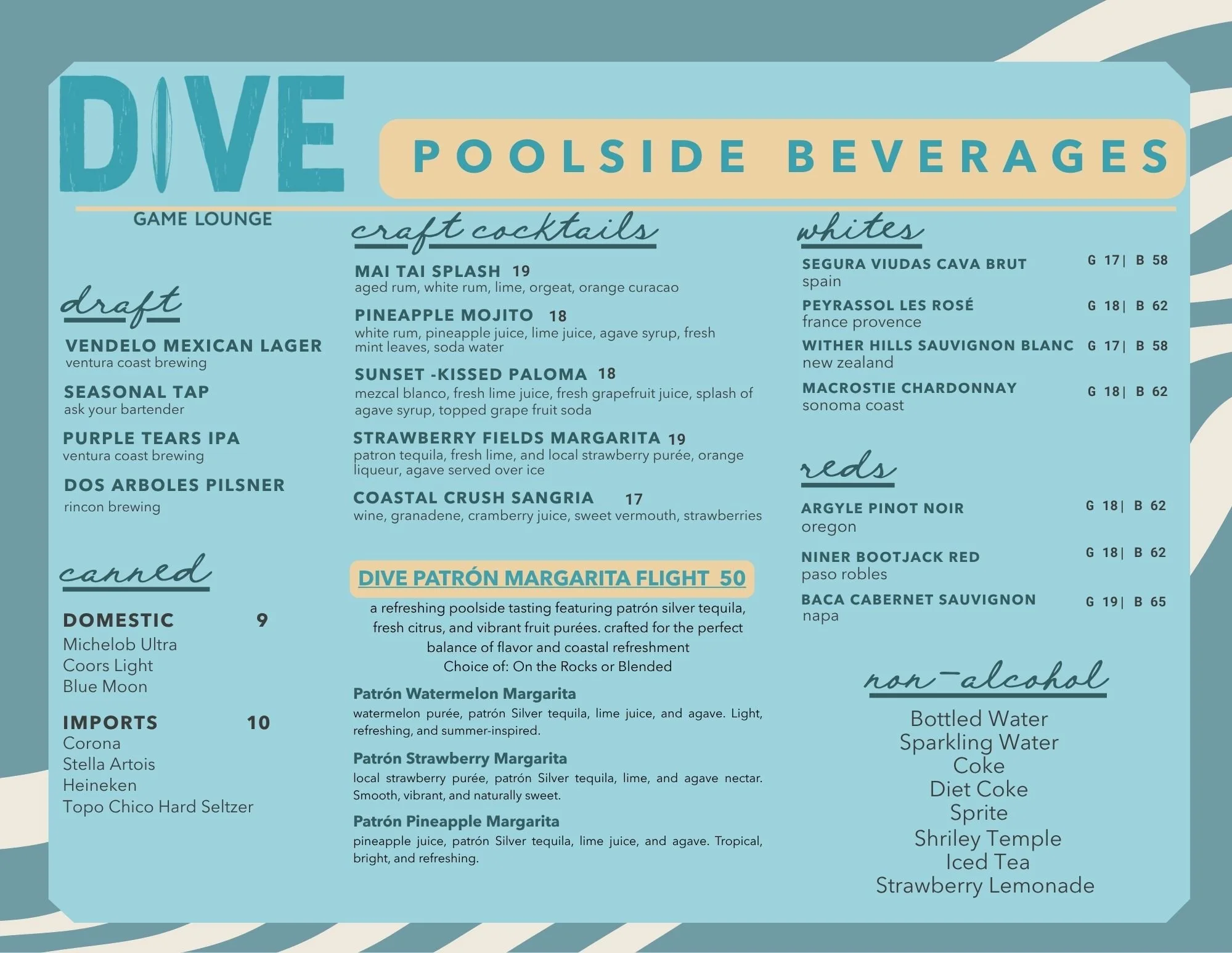 DIVE Game Lounge Drink Menu