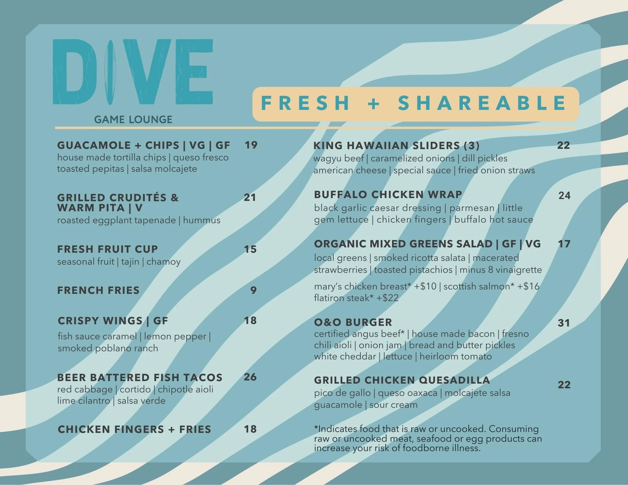 DIVE Game Lounge Food Menu