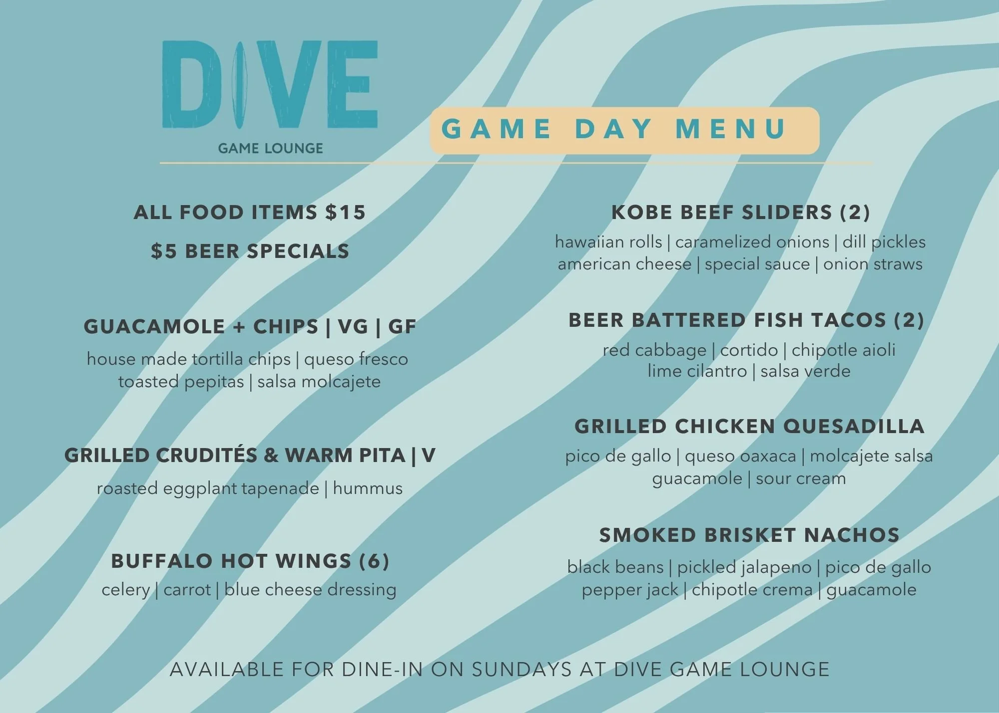 Game Day Food and Drink Specials at DIVE Game Lounge