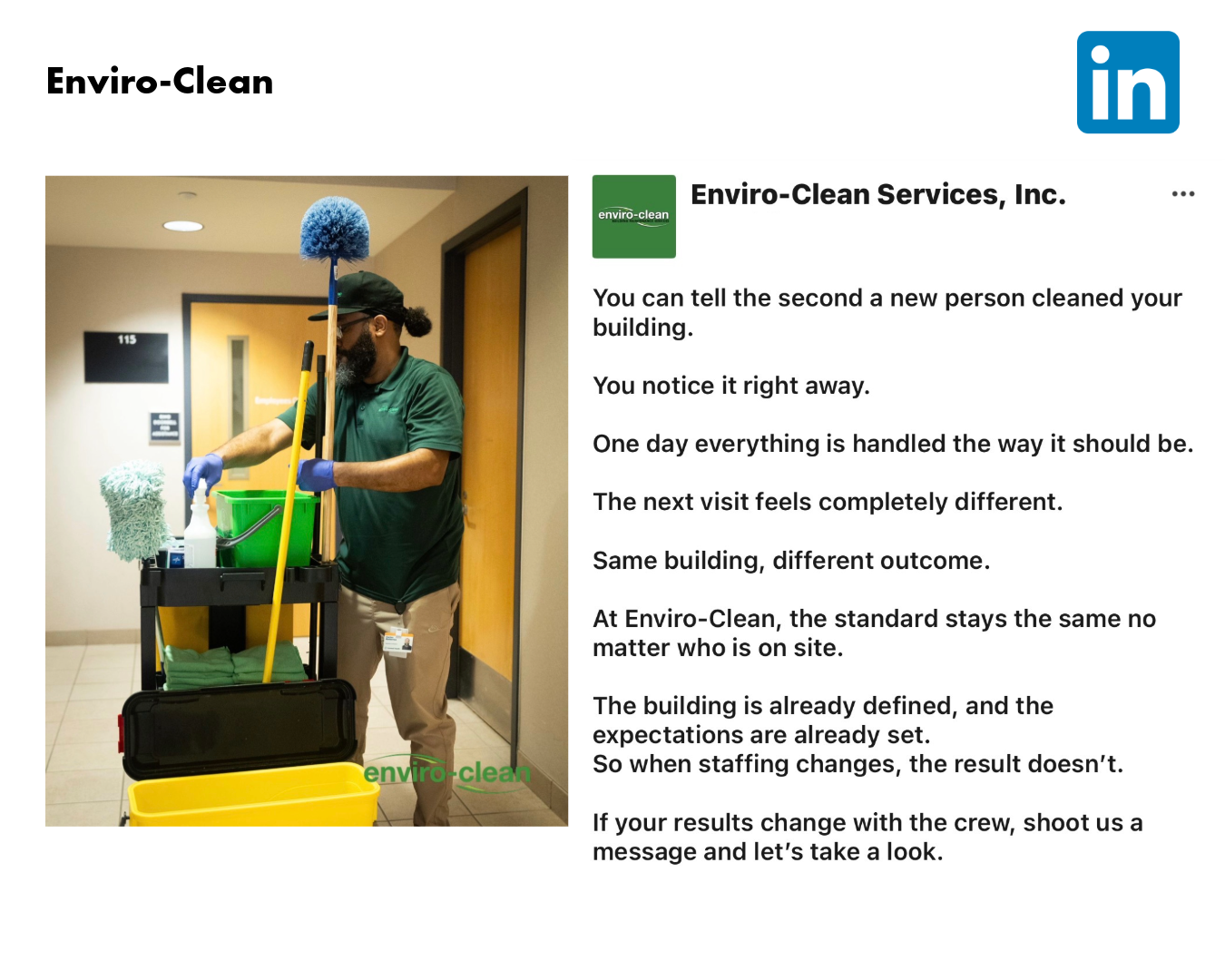 Graphic showing a photo and copy for a social media post for Enviro-Clean