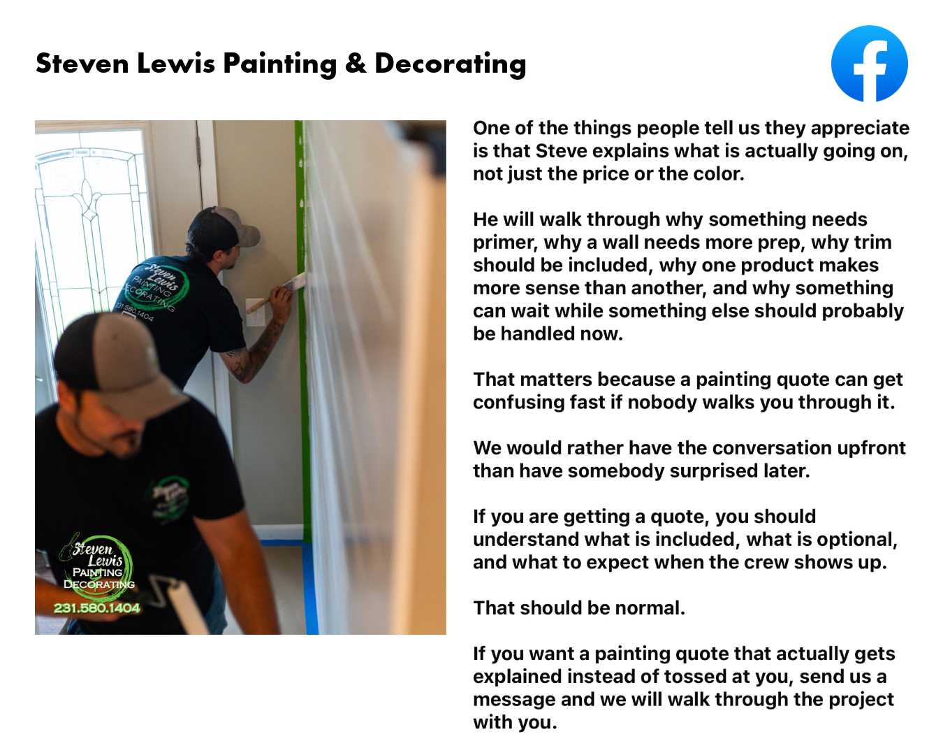 Graphic showing a photo and copy for a social media post for Steven Lewis Painting & Decorating