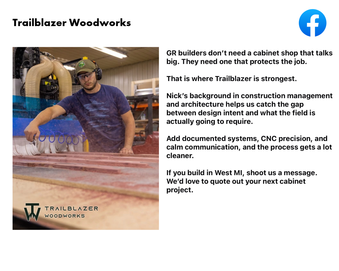 Graphic showing a photo and copy for a social media post for Trailblazer Woodworks