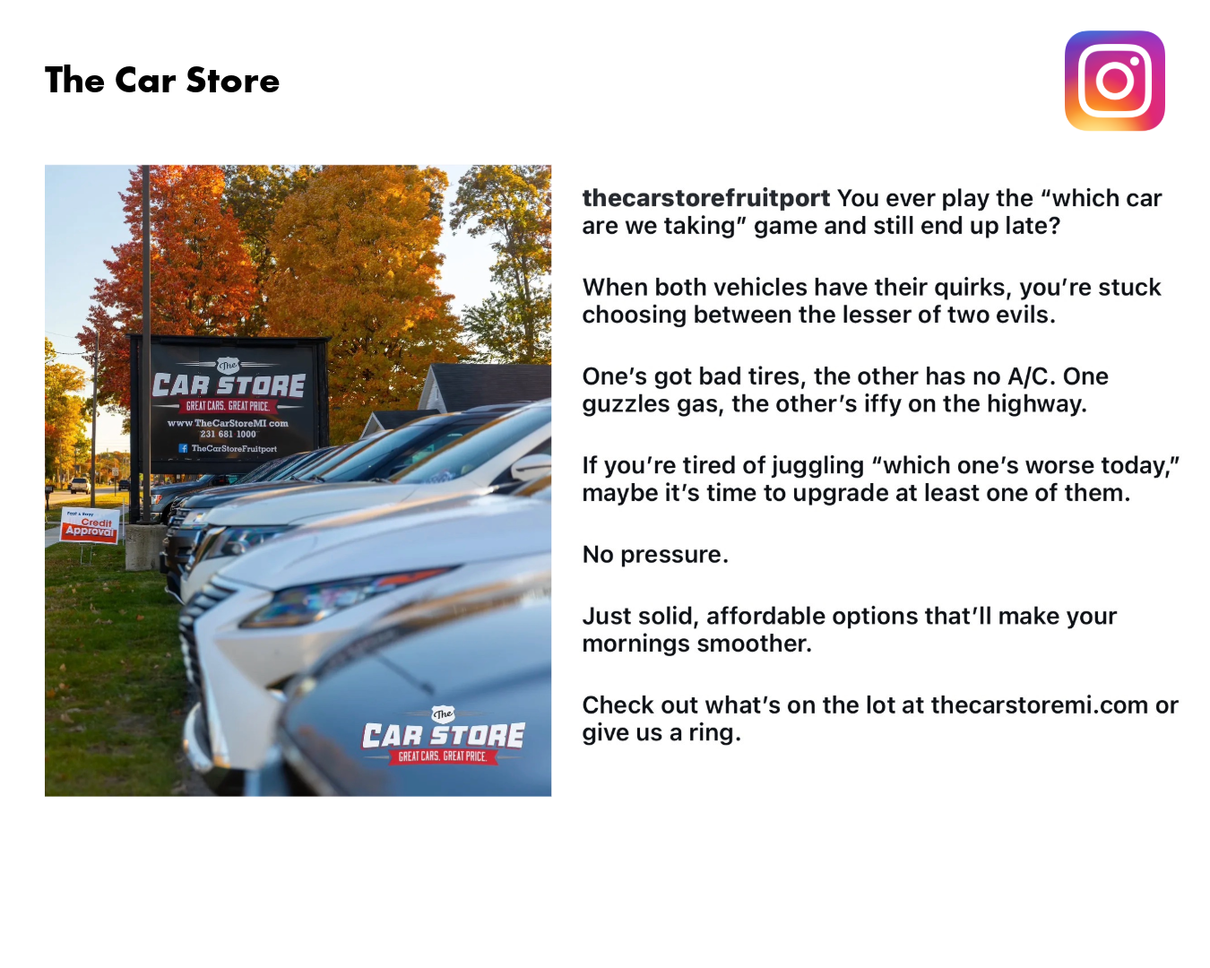 Graphic showing a photo and copy for a social media post for The Car Store in Fruitport, MI