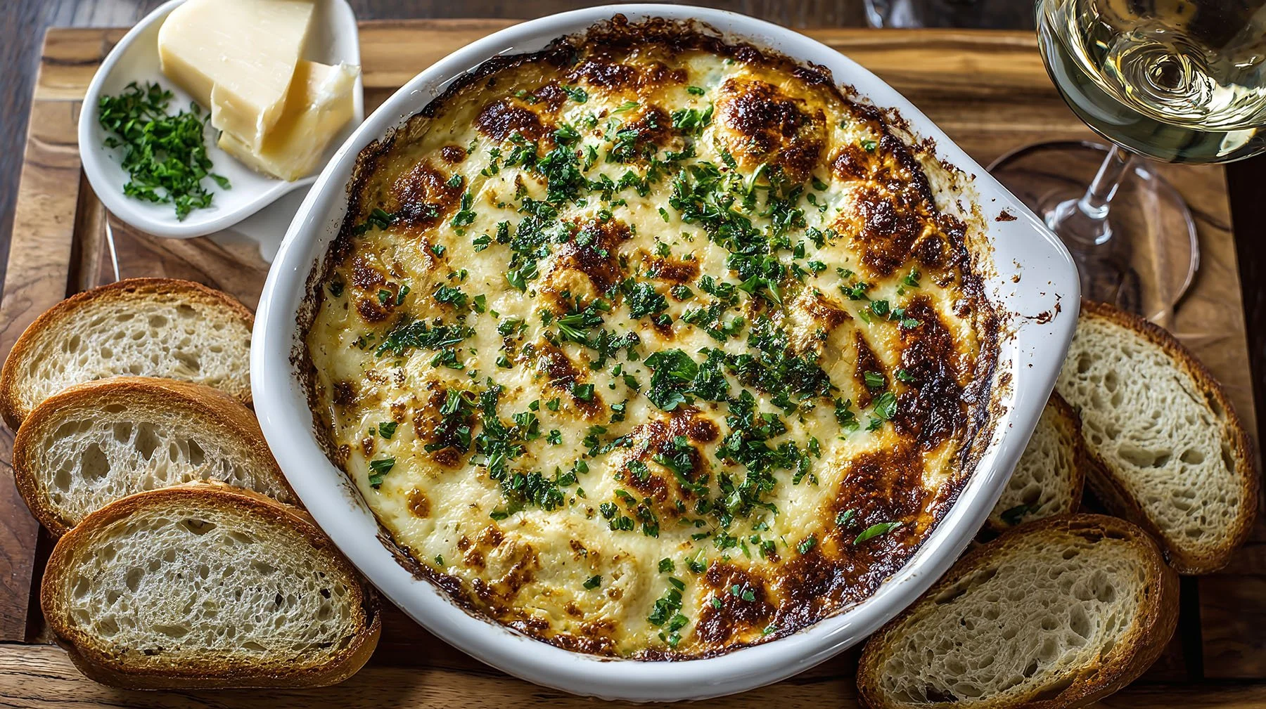 artichoke dip on a wooden platter with sliced baguette