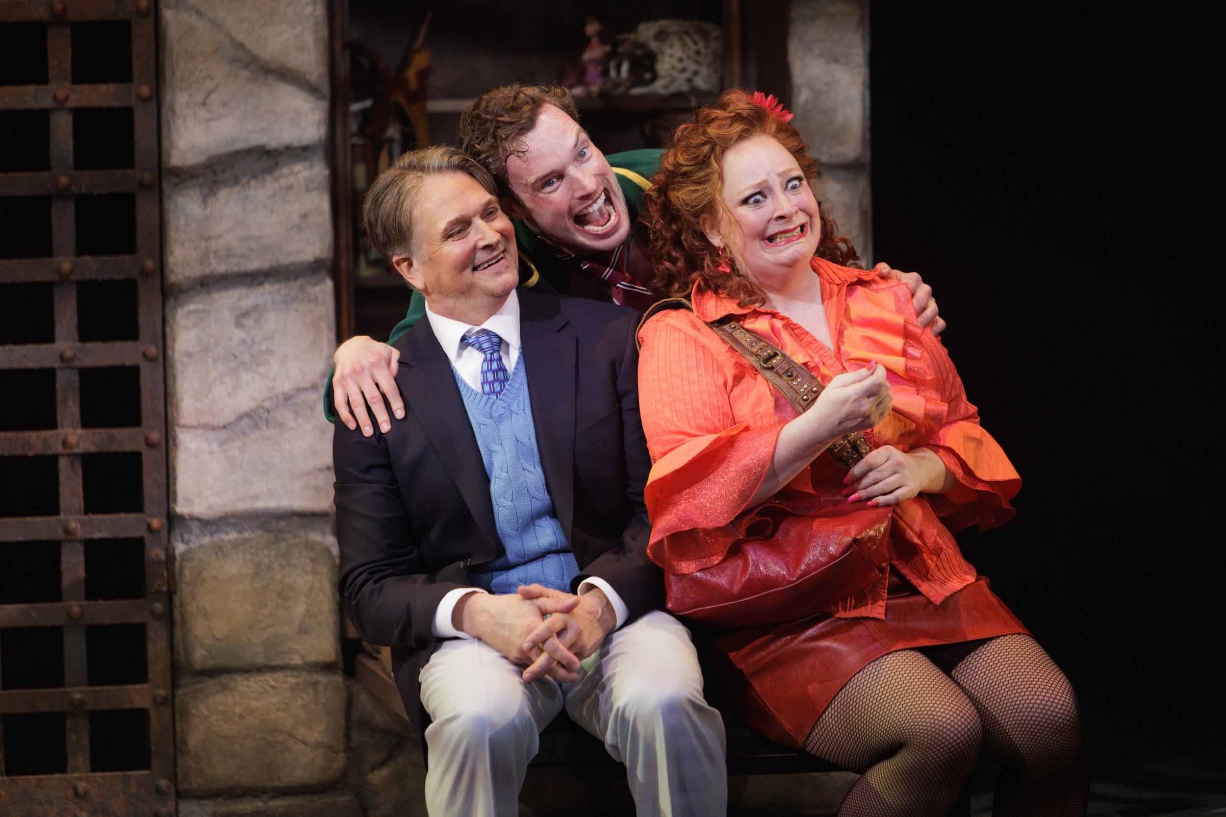 From left: Jonathan Goad as Lawrence Jameson, Liam Tobin as Freddy Benson and Michele Shuster as Jolene Oakes in Dirty Rotten Scoundrels. Stratford Festival 2025. Photo: David Hou.