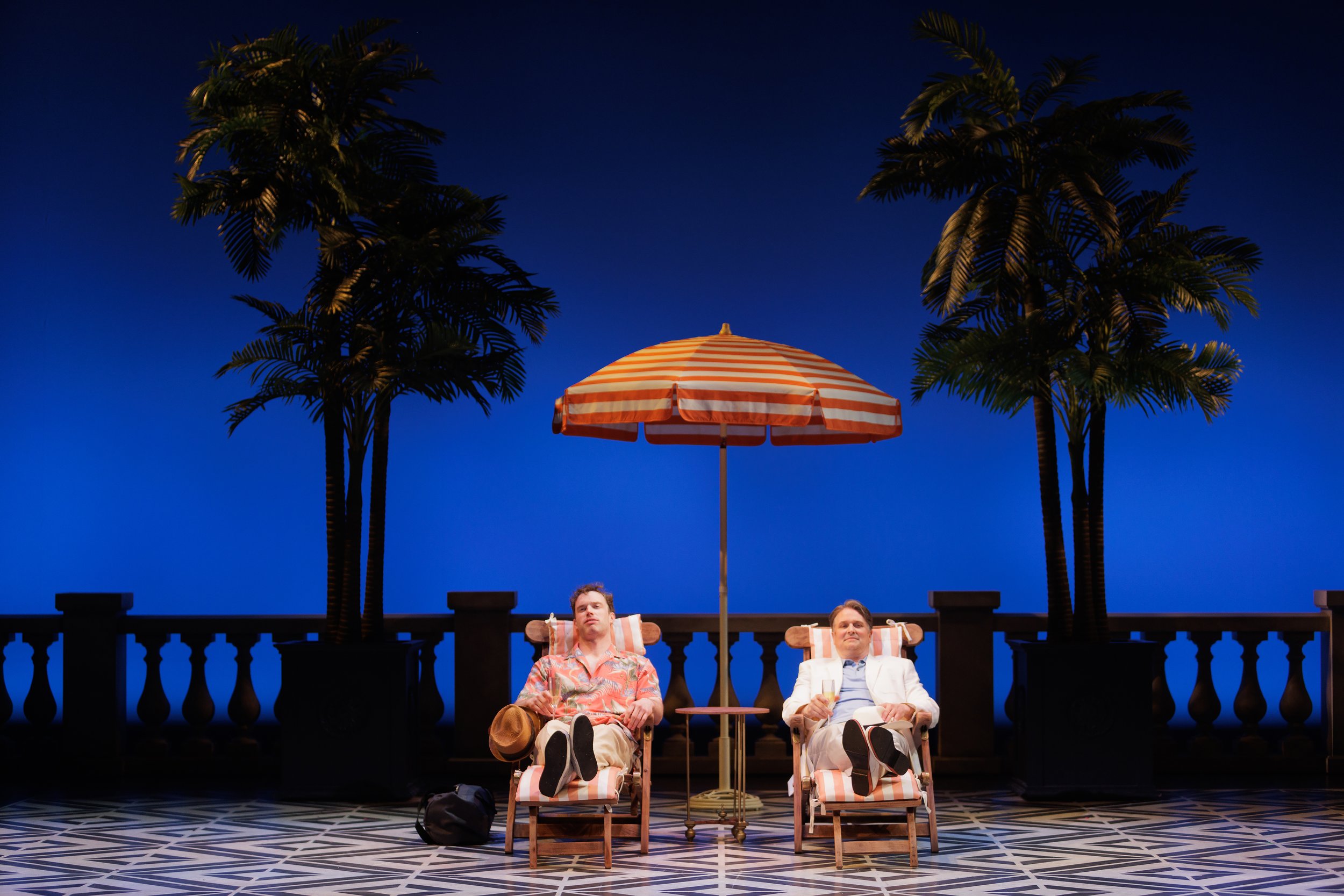 Liam Tobin as Freddy Benson (left) and Jonathan Goad as Lawrence Jameson in Dirty Rotten Scoundrels. Stratford Festival 2025. Photo: David Hou.