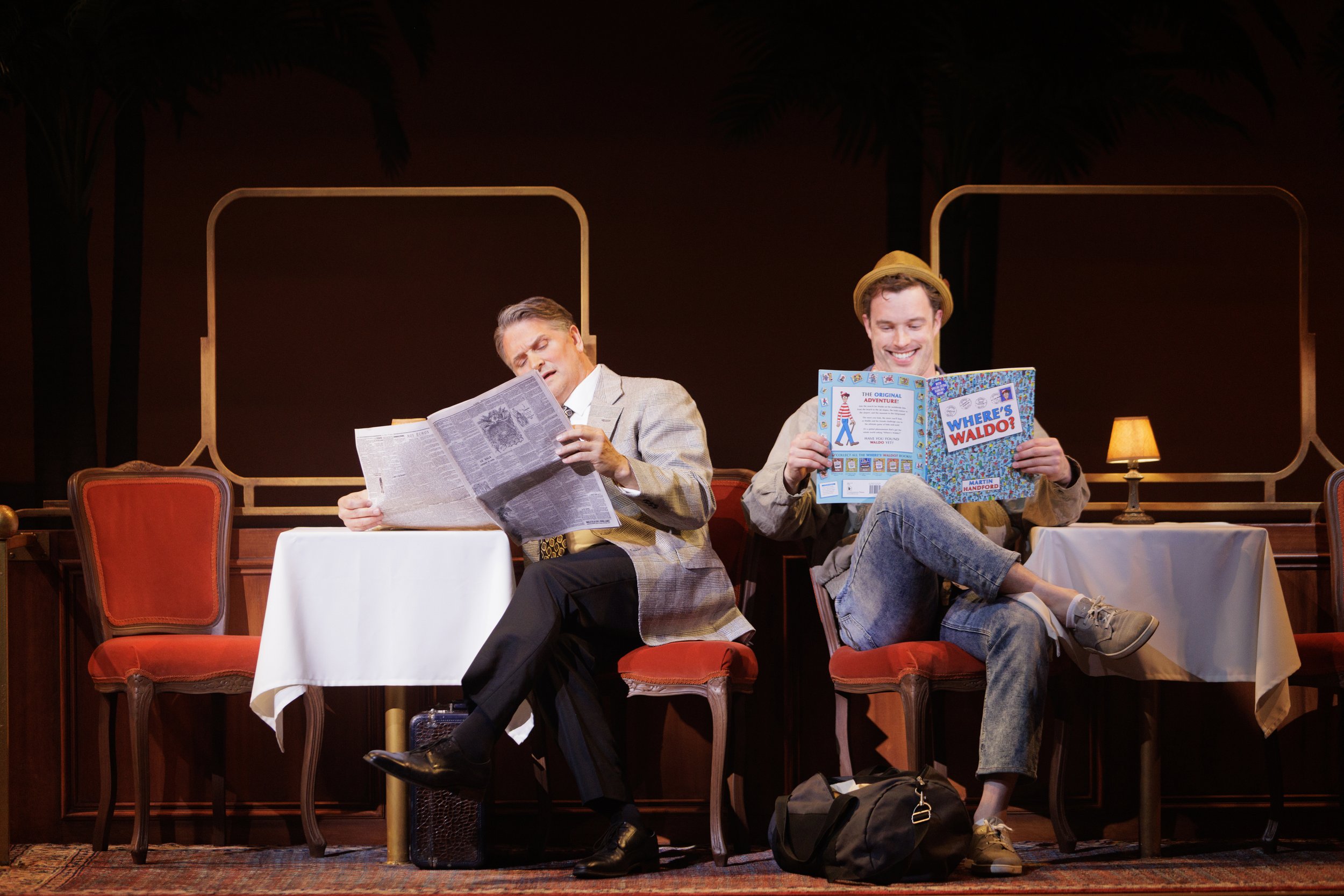 Jonathan Goad as Lawrence Jameson (left) and Liam Tobin as Freddy Benson in Dirty Rotten Scoundrels. Stratford Festival 2025. Photo: David Hou.