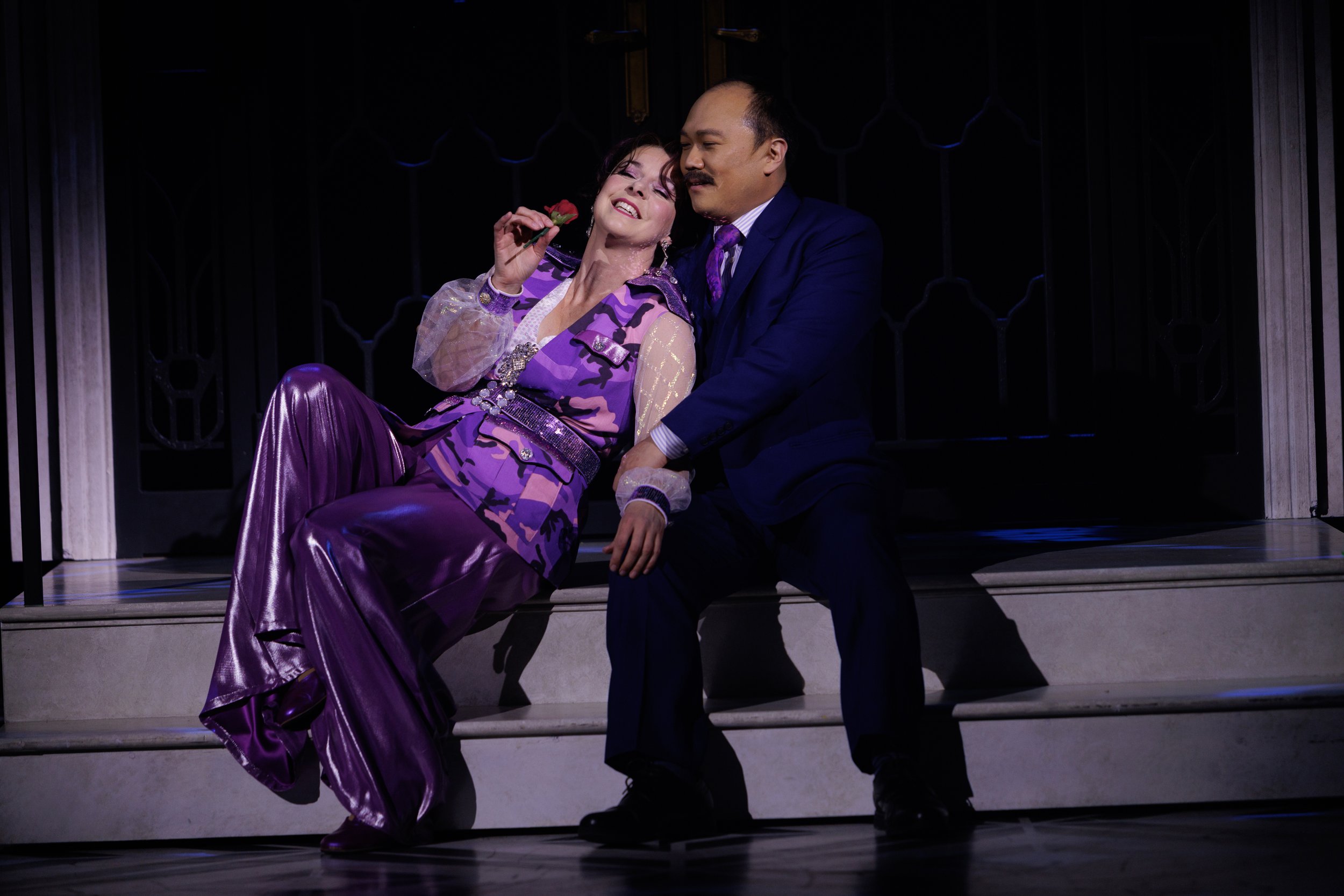 Sara-Jeanne Hosie as Muriel Eubanks and Derek Kwan as Andre Thibault in Dirty Rotten Scoundrels. Stratford Festival 2025. Photo: David Hou.