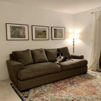 Cozy living room with a custom-upholstered brown sofa by Brothers Furniture — trusted by Chicago families for pet-friendly design.