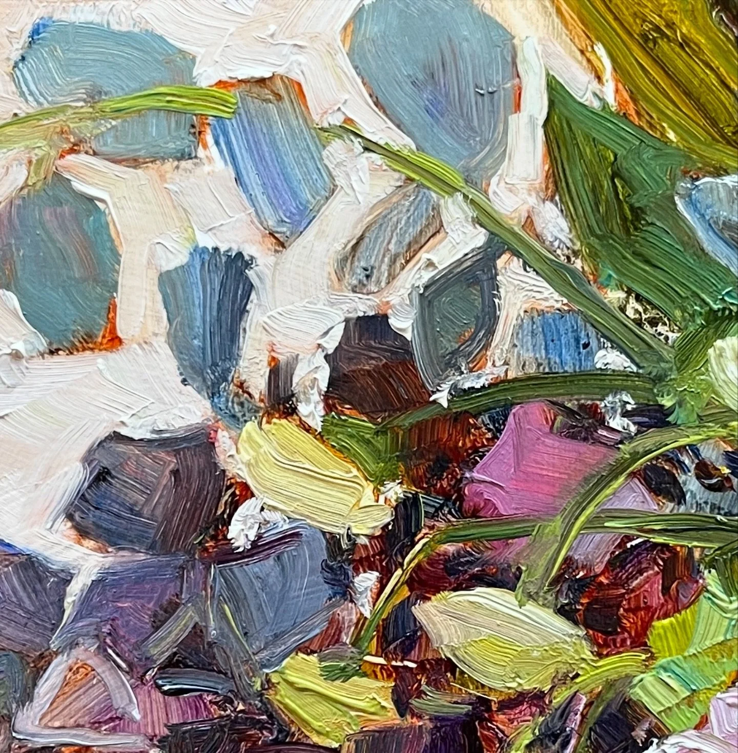 These colours make me super happy today!! These are croppings of a painting in progress on my easel. 

Inspired by the last bits of the flower arrangements from the wedding which have served me so well. They have given me a ton of pleasure, both from