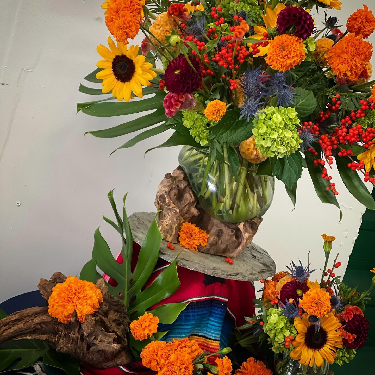 This pretty was designed by @findleyvicky and has beautiful bold colors. Flowers include sunflowers, mini green hydrangea, thistle, ilex berries, beautiful celosia, marigold, italian ruskus, and monstera leaves. @florasourcekansascity @kcbloomhub #fl