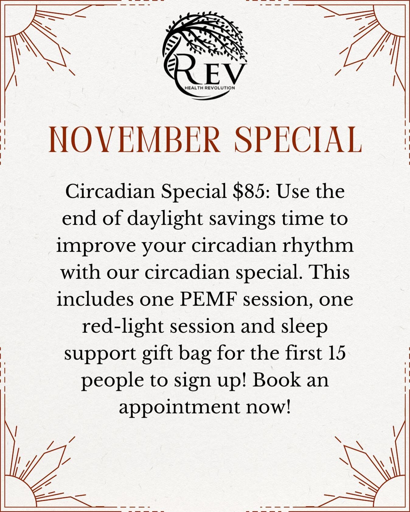 The November Special is a great way to help improve your sleep cycle! Be one of the first 15 to buy the Circadian Special and get a free gift bag to help improve your sleep cycle even more!  #sleepcycle #circadianrhythm #circadianclock #reno #health 