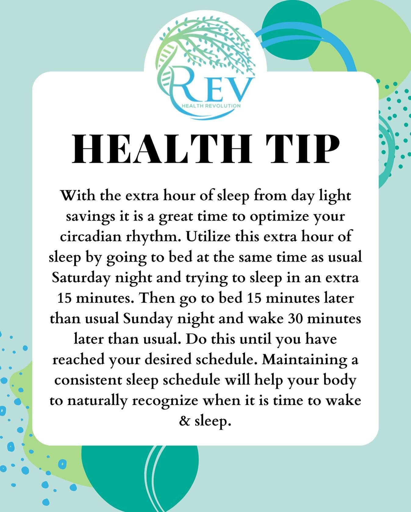 Daylight savings is this Sunday use this health tip to help maintain a consistent sleep schedule and help your body with the time change!  #sleep #daylightsavings #sleepschedule #wellness #reno #villagerancharrah #circadianrhythm #healthtip #sleephel