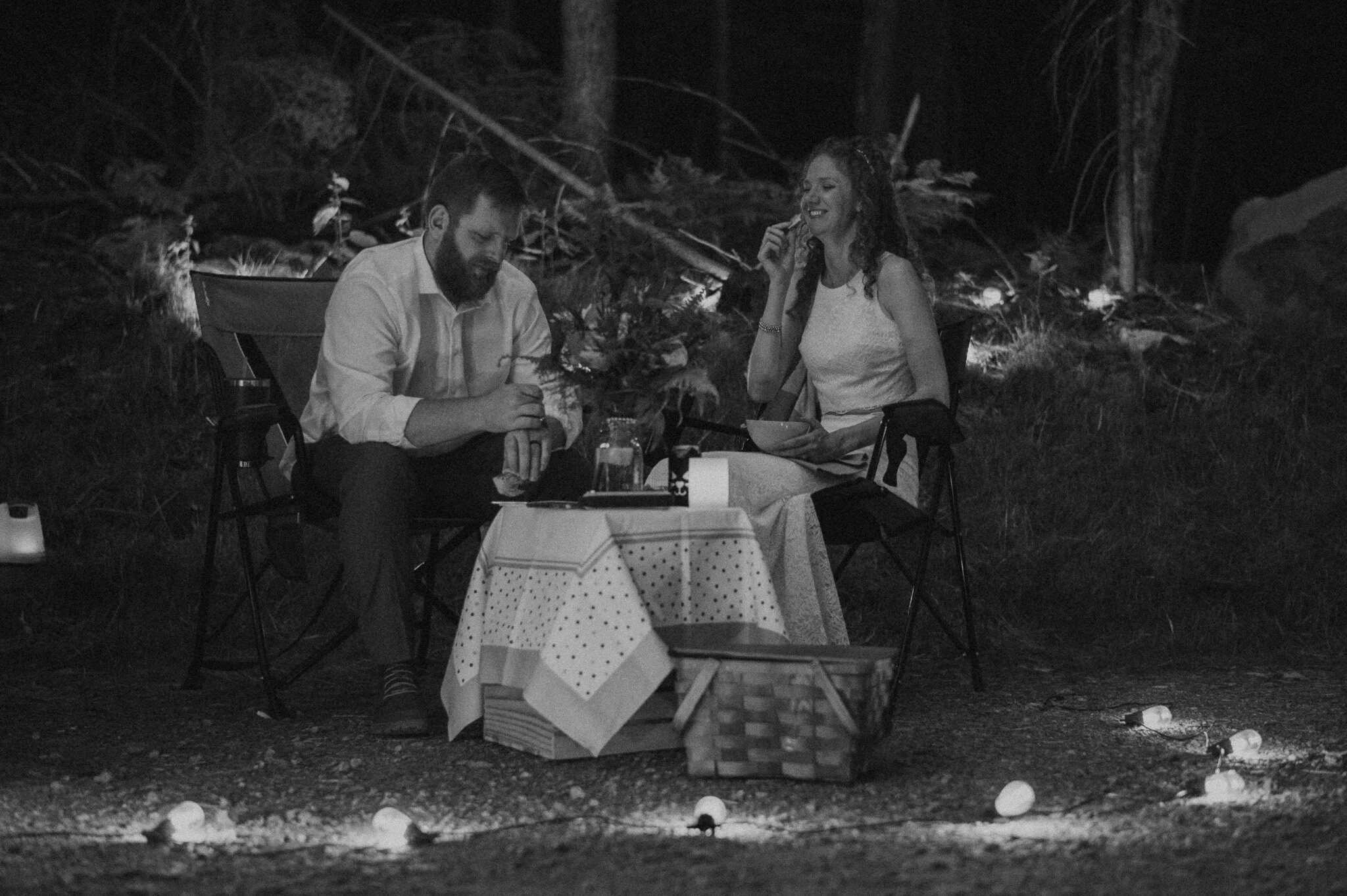 They set up lights around their picnic as the sun went down