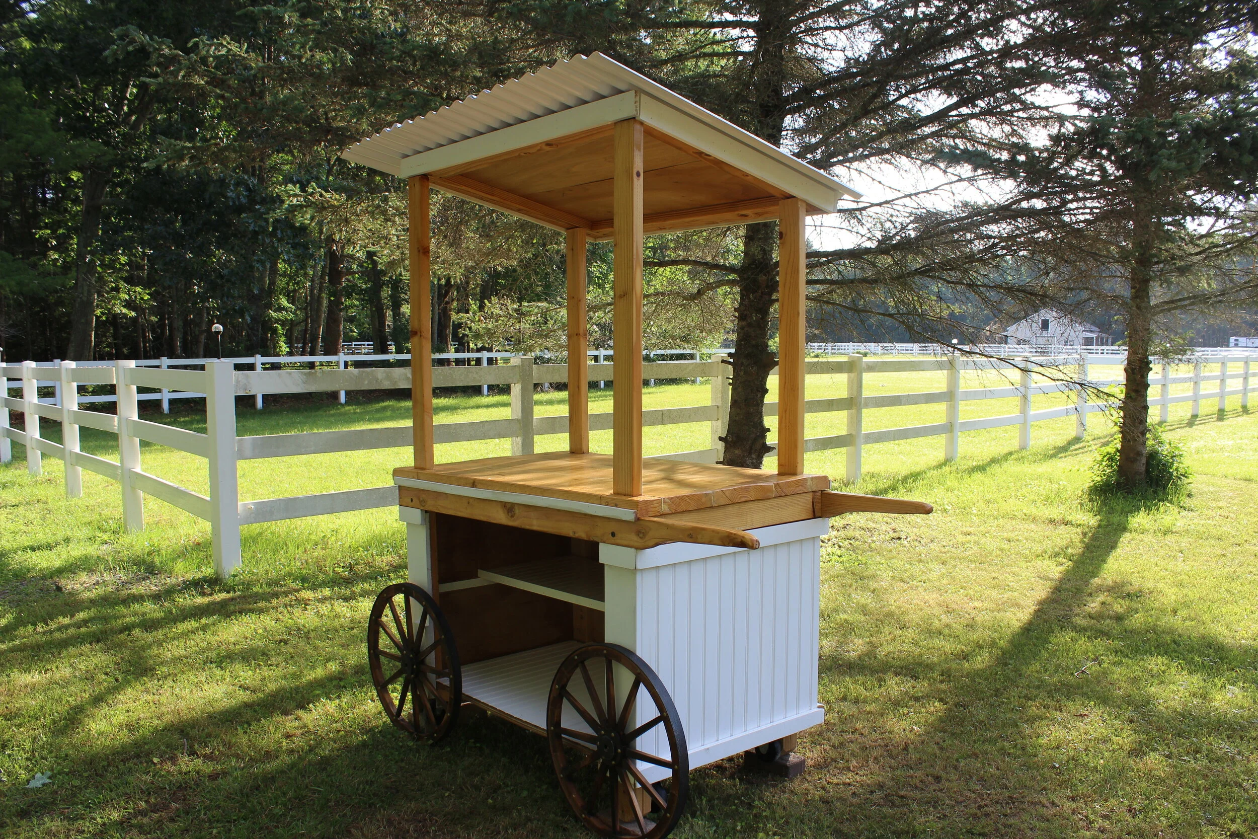 Wooden cart with canopy in a grassy area next to white fence and trees