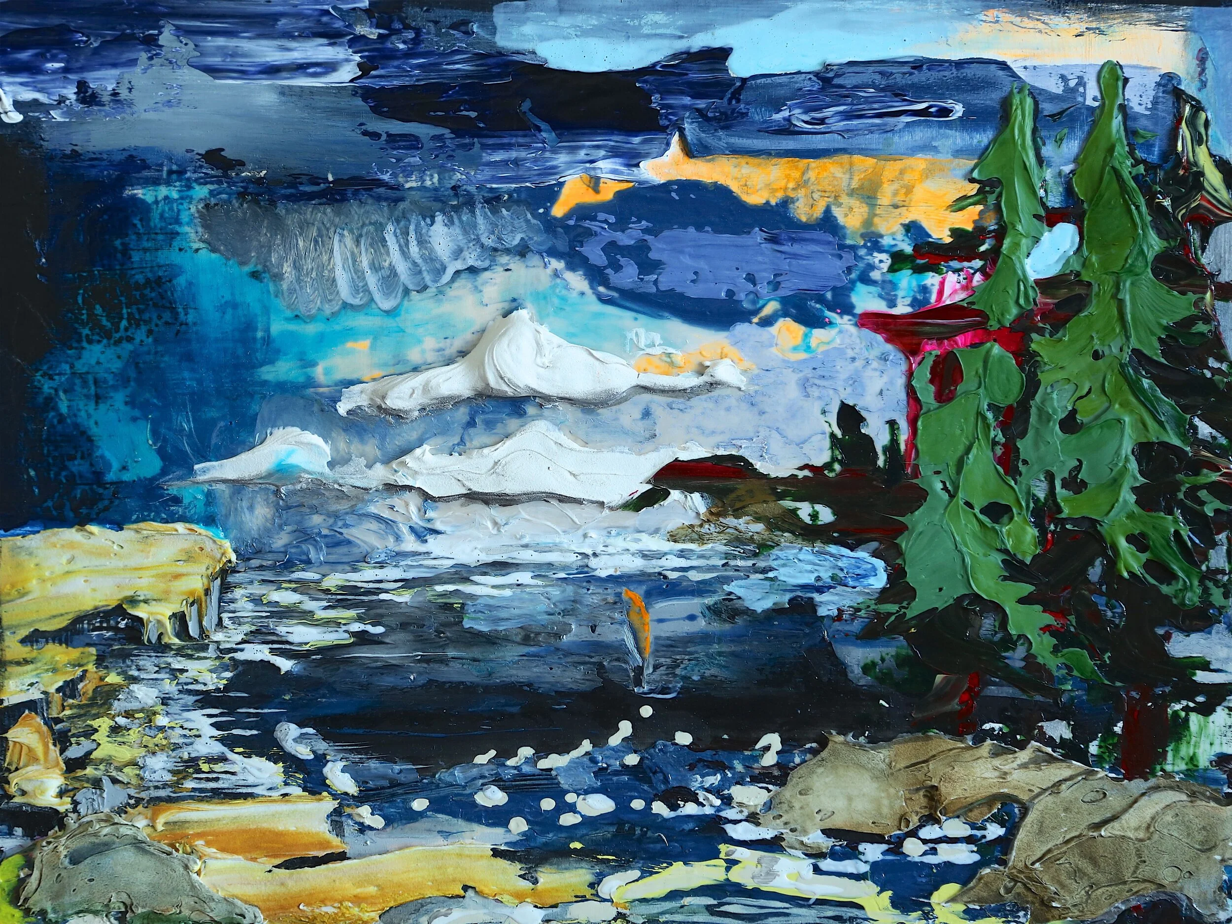 An abstract landscape painting with blue, gray, yellow, and green colors, featuring swirling and textured brushstrokes.
