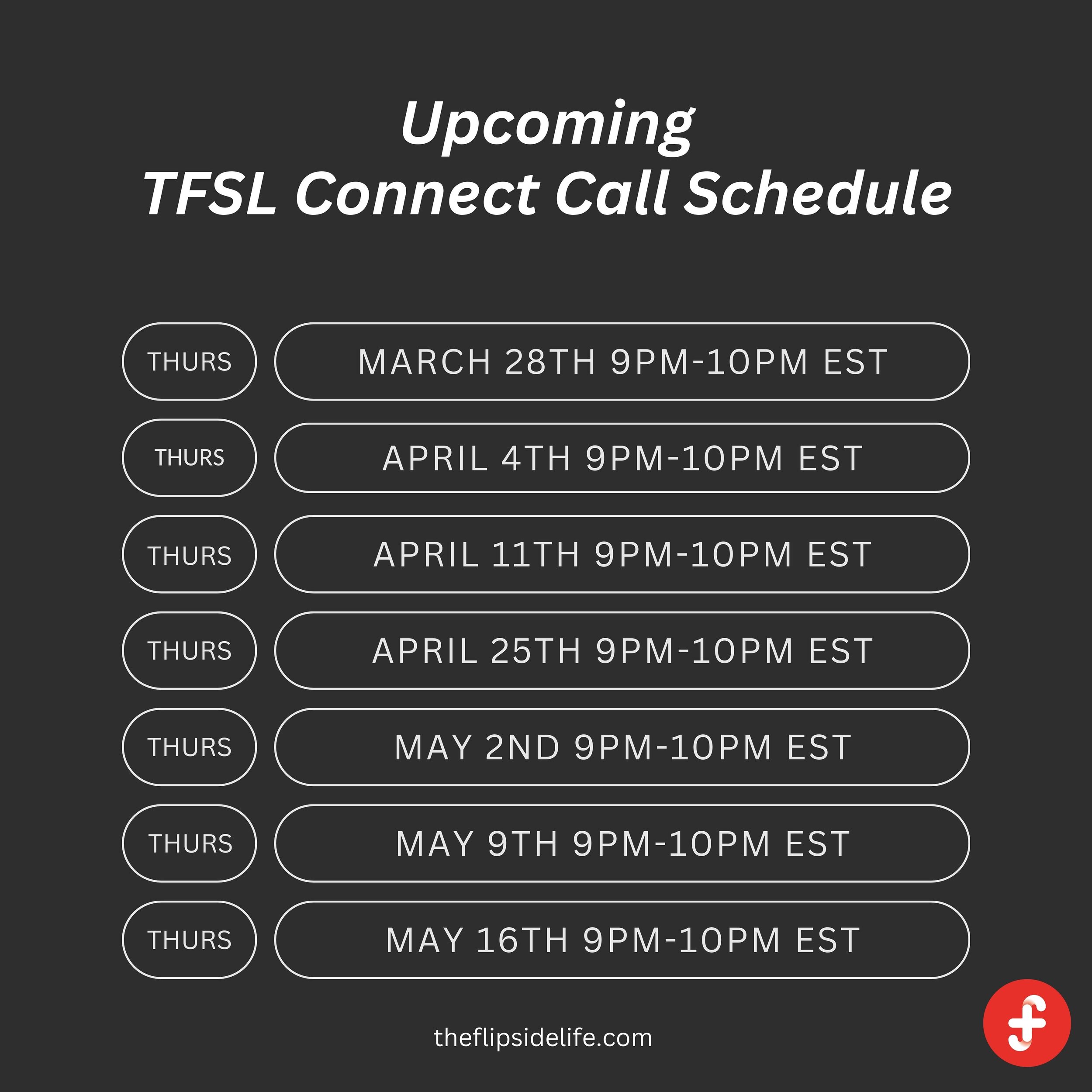 Connection. Support. Understanding. Friendship.   You will find it all on TFSL&rsquo;s Connect Calls.  Thursday 9-10pm EST. Calls are free, confidential and no sign-up is required. Turn your camera on or keep it off. Say as much or as little as you w