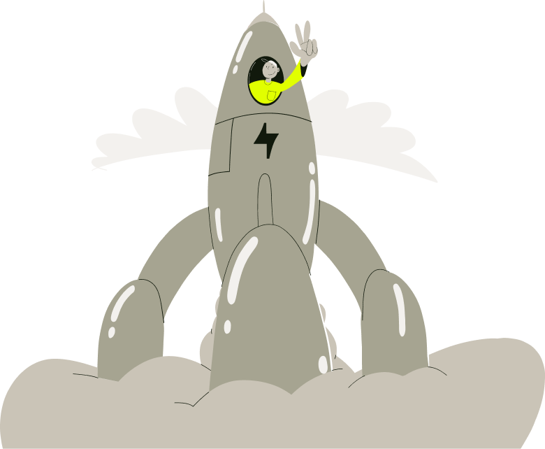 Cartoon illustration of a person with a yellow shirt inside a rocket launching into space, making a peace sign with their hand.