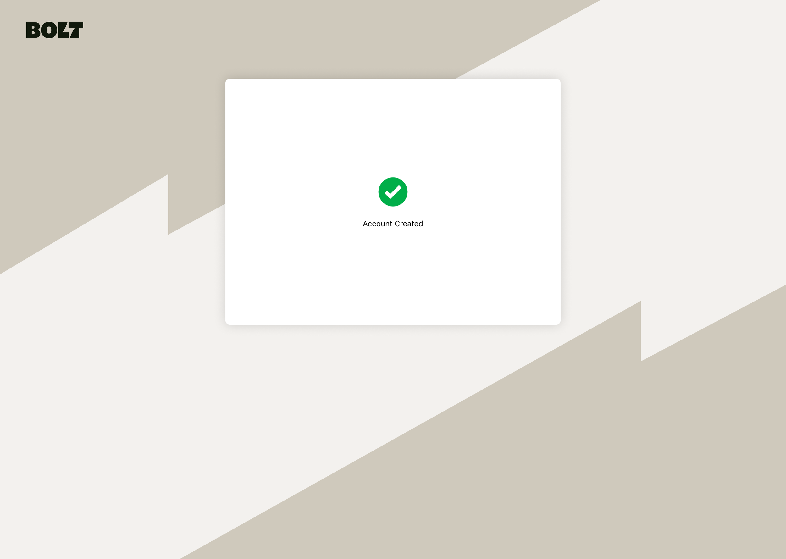Confirmation screen with a green checkmark and the message 'Account Created' in the center.