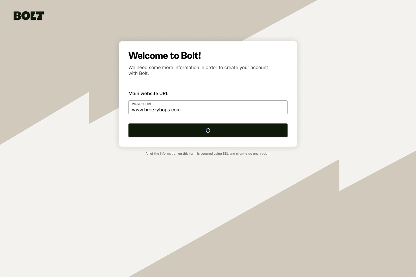 Boltz website login screen with a form asking for the main website URL, located on a beige and light gray geometric background.