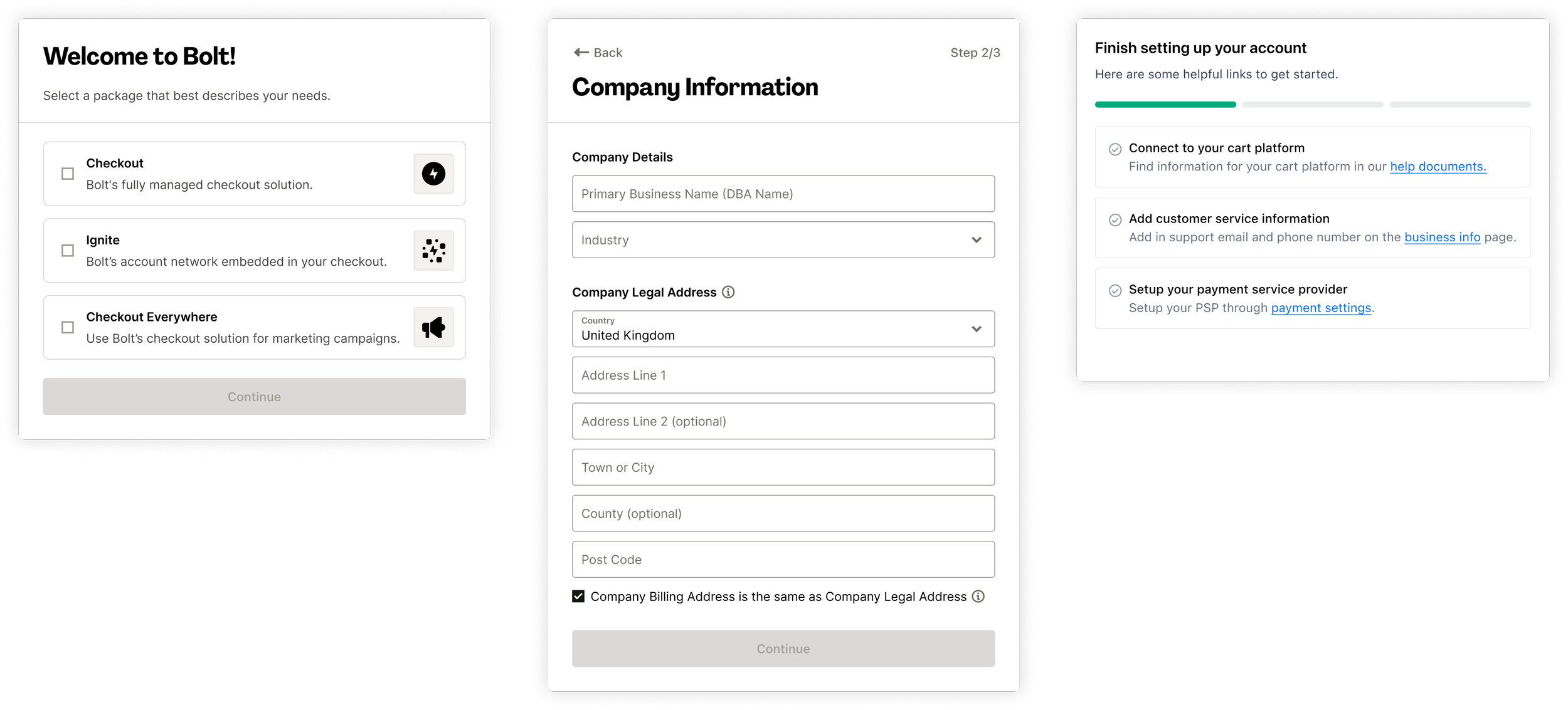 Screens showing a step-by-step registration process for setting up a business account with Bolt. The screens include options for package selection, company information input, and account setup instructions.
