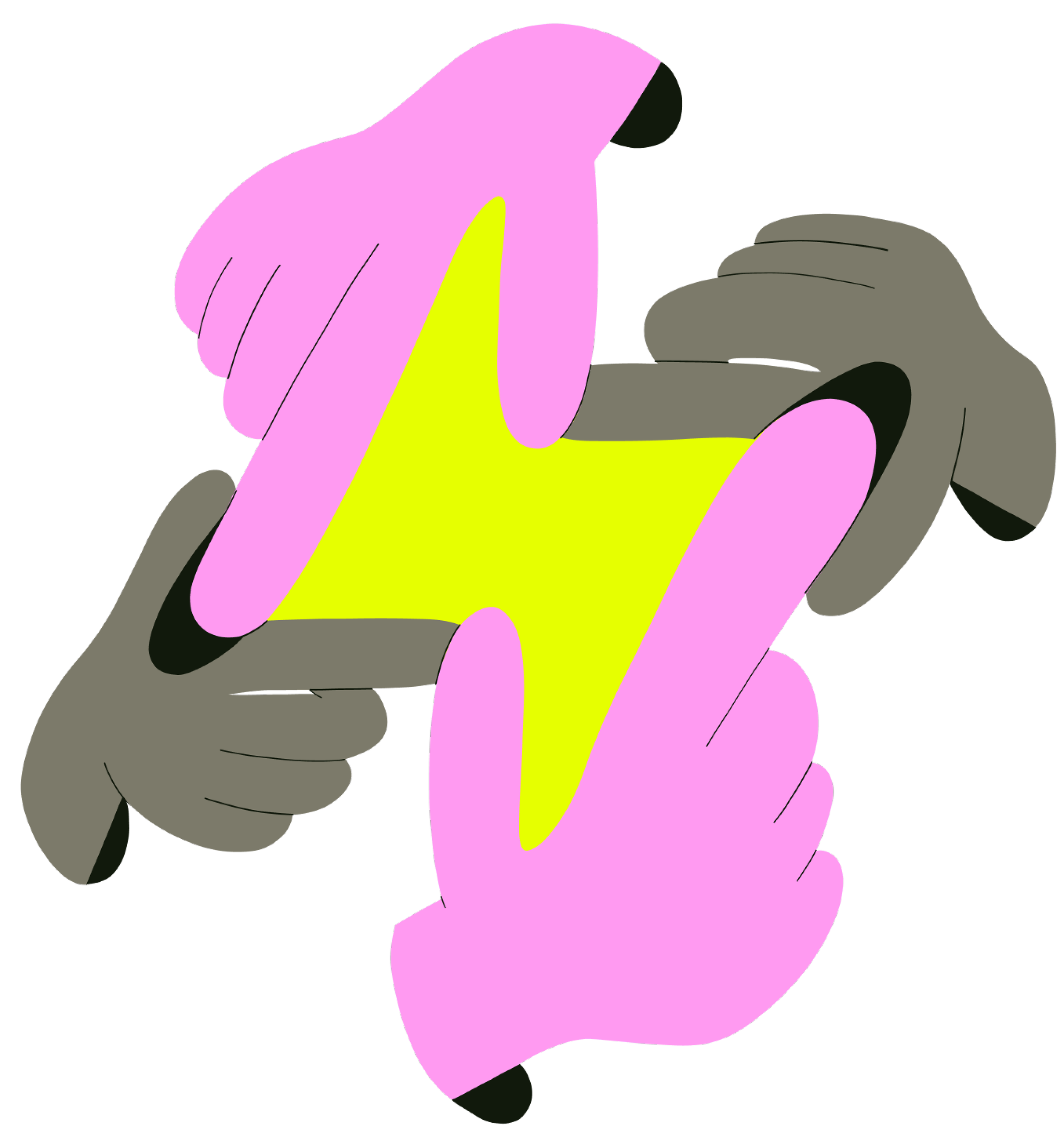 Two hands, one pink and one gray, holding a yellow puzzle piece together.