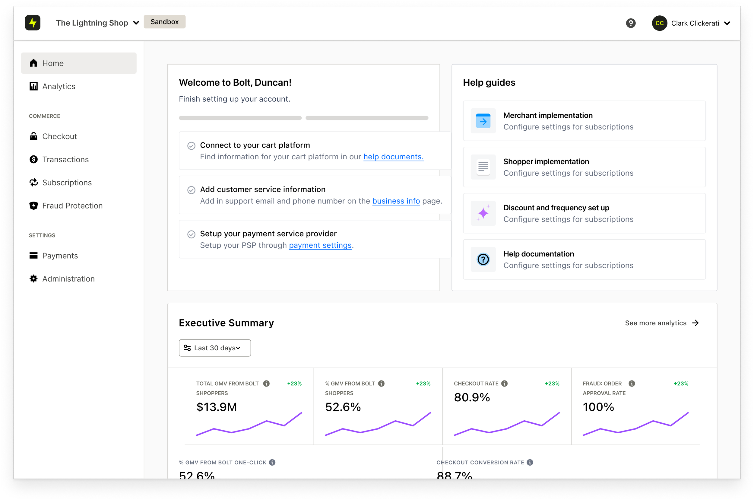 Dashboard of online store management platform showing navigation menu, account setup instructions, help guides, and sales analytics with graphs and key metrics.