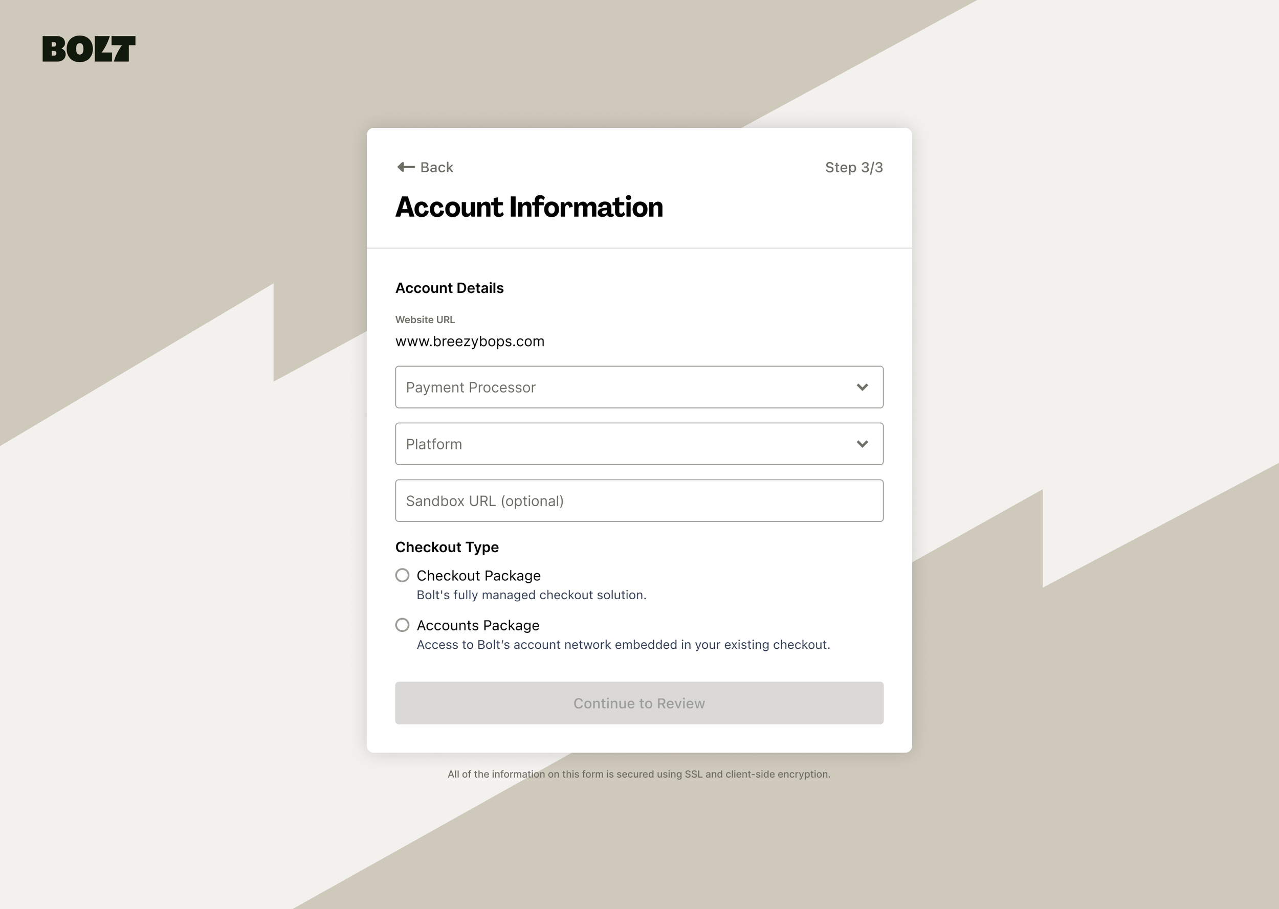 Screenshot of an online checkout form on a website with the URL www.breezypops.com, showing account information input fields, checkout type options, and a continue button, with a beige and white background.