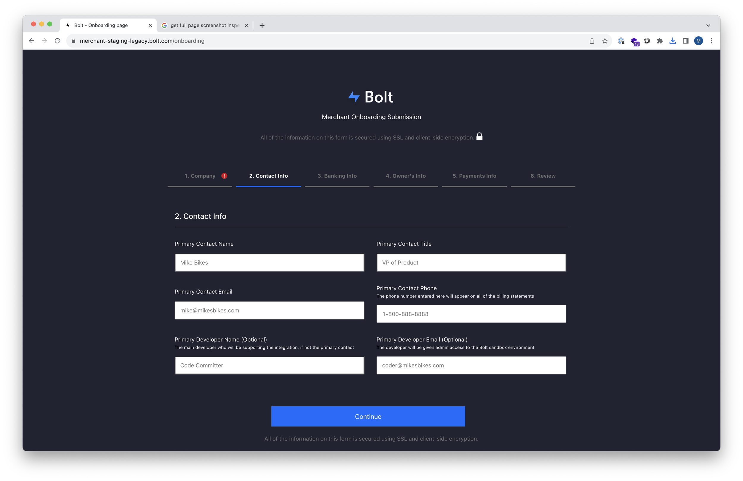 Screenshot of a web form titled 'Bolt Merchant Onboarding Submission,' with sections for contact information, including fields for primary contact name, title, email, phone number, and optional developer info, all on a dark background with a blue 'Continue' button at the bottom.