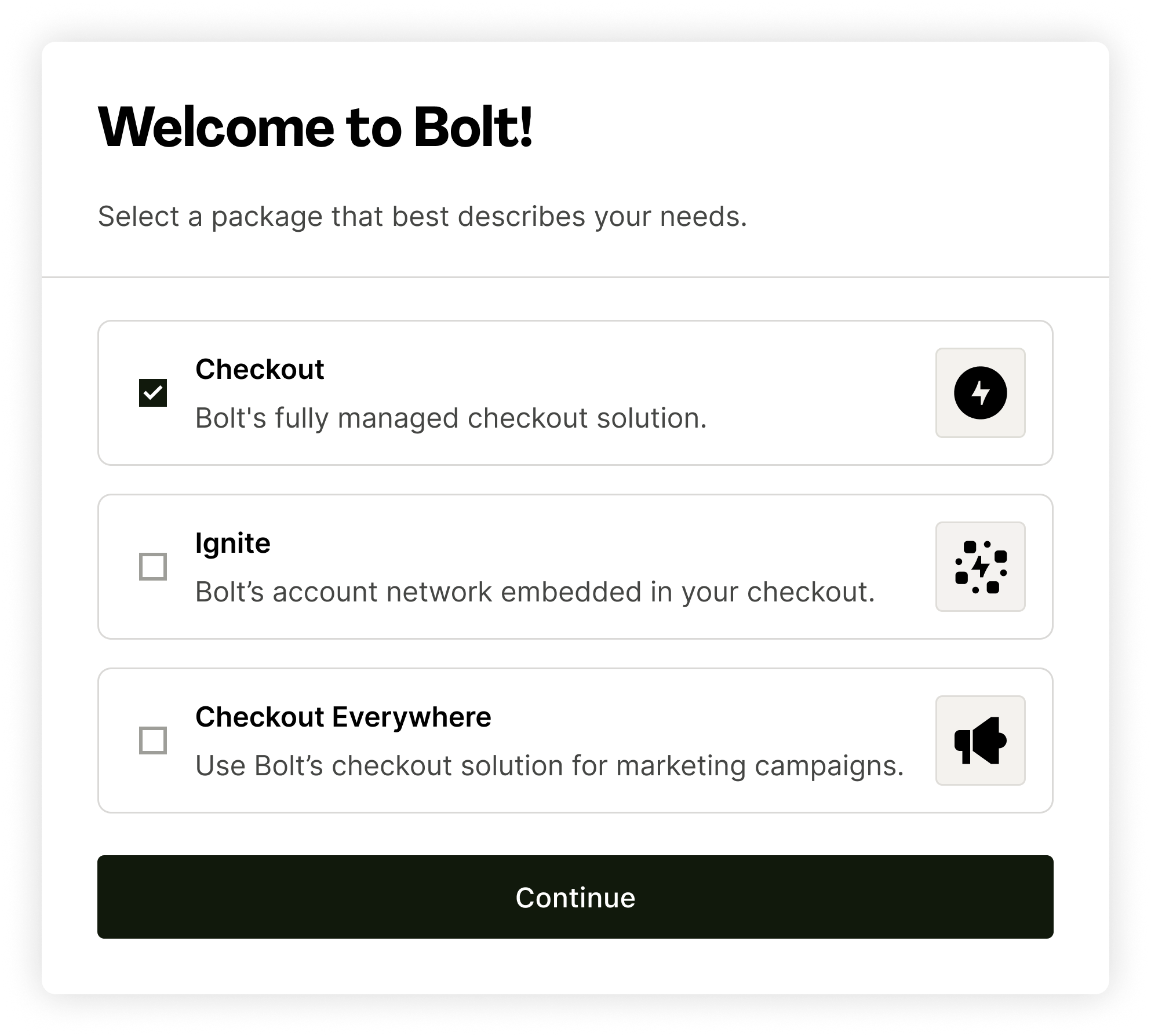 Screenshot of a checkout selection interface on a website called Bolt, with options to choose different checkout packages and a green 'Continue' button.