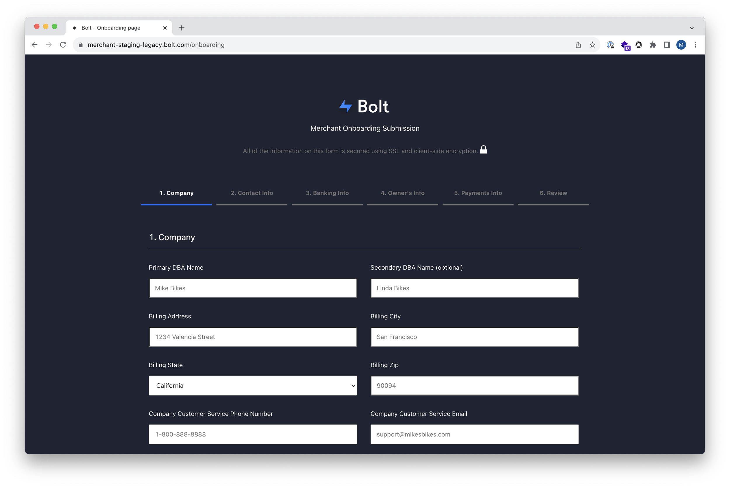 Screenshot of a dark-themed web form titled 'Bolt Merchant Onboarding Submission,' displaying multiple steps for company information, with form fields filled in for company name, address, and contact details.
