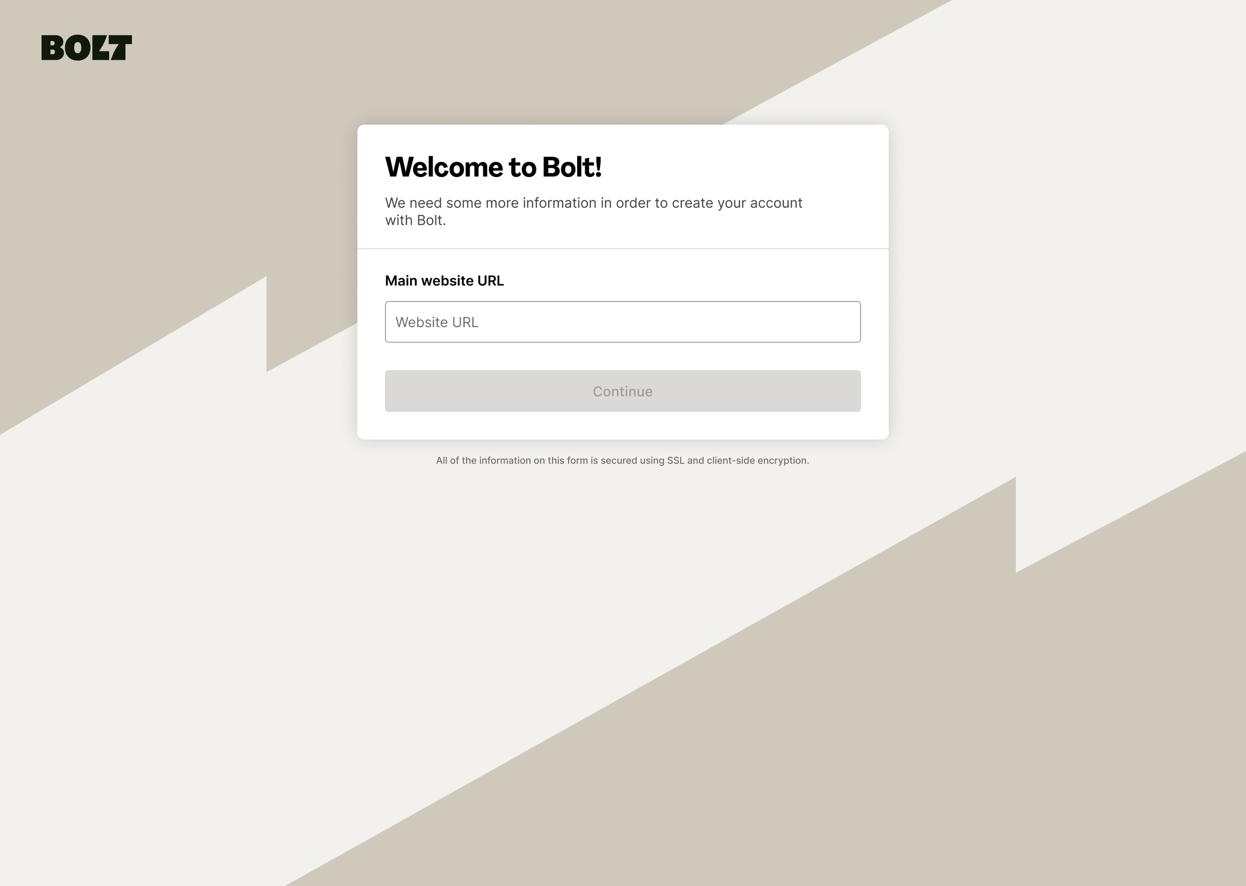 Bolt website login screen with a welcome message, a form asking for the website URL, and a 'Continue' button.
